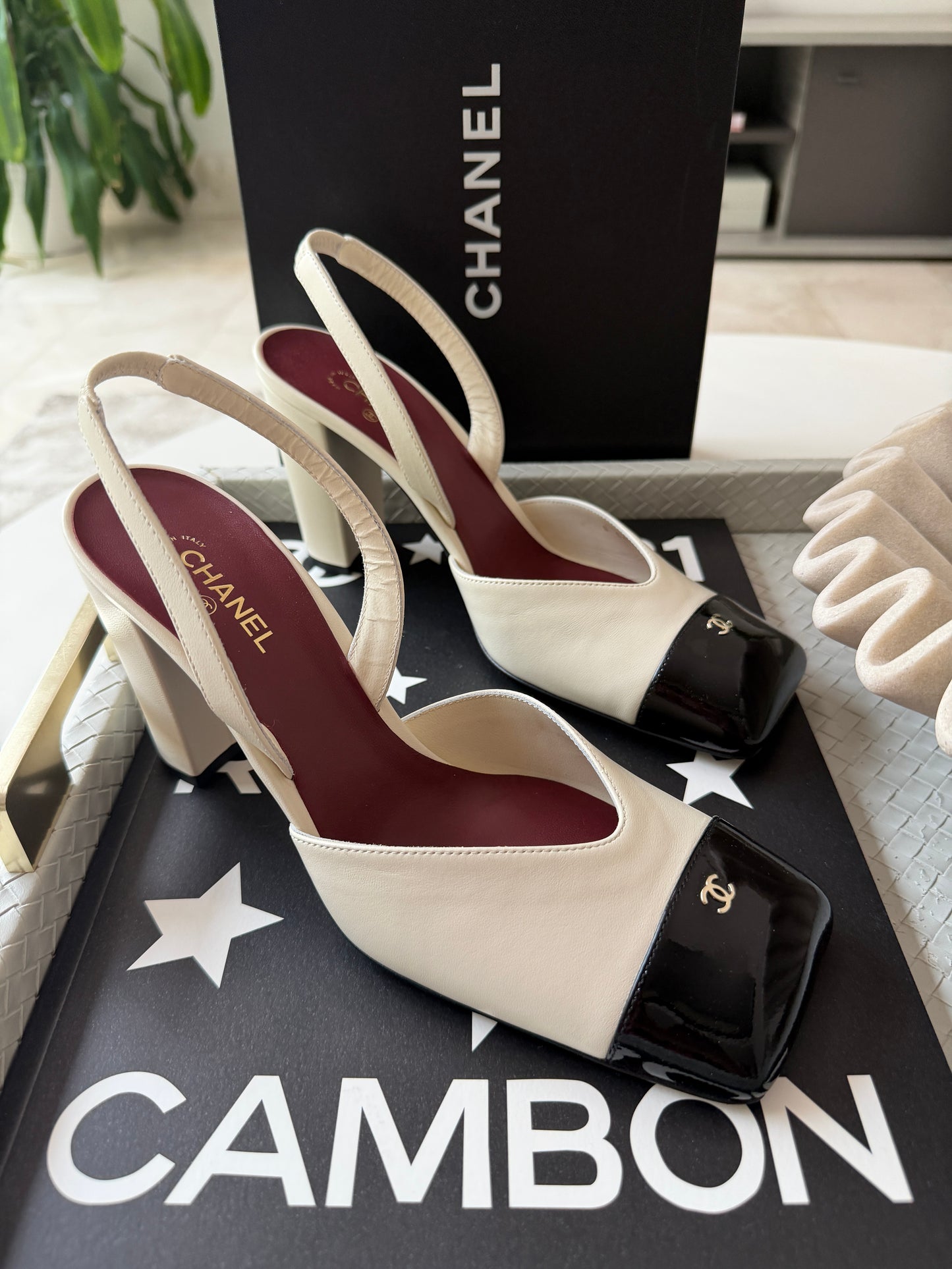 Chanel 26S Blazy Ivory Ecru Black Square Cap Toe Sling CC Slingback Chunky Heel Pumps