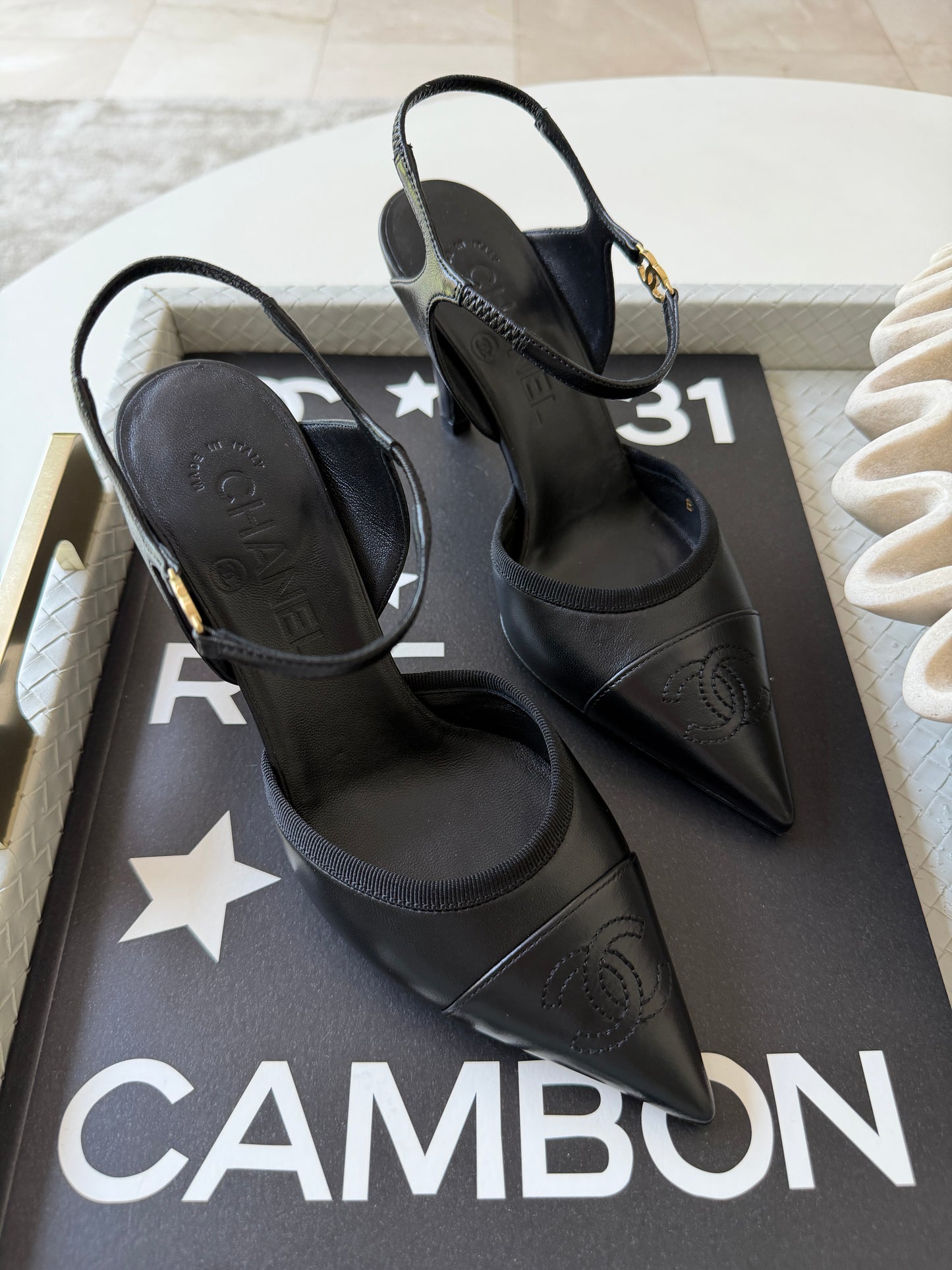 CHANEL SS 2026 BLAZY BLACK CAP POINTED TOE LEATHER CC LOGO HEELS SHOES PUMPS SLINGBACKS