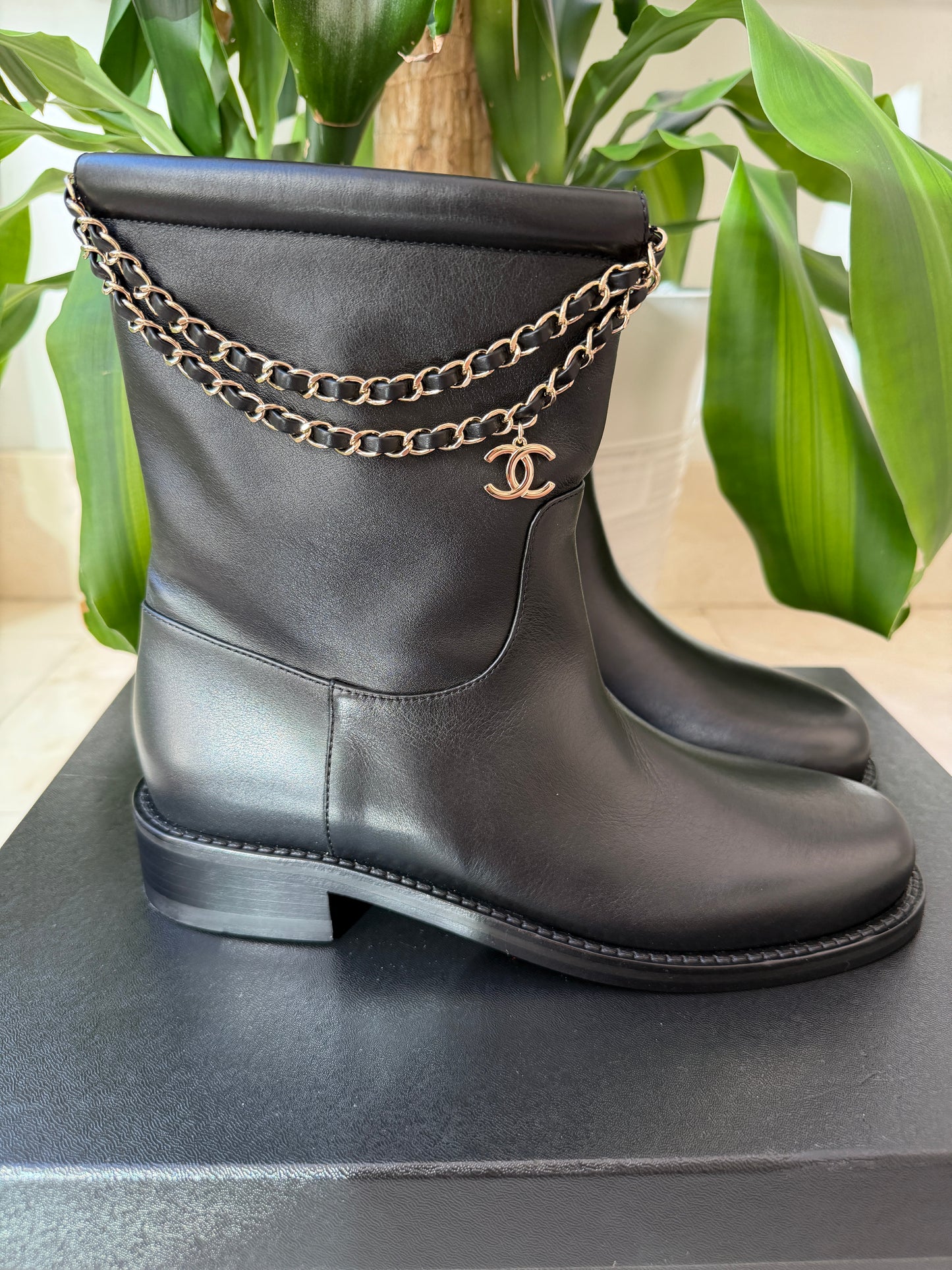 Chanel Calfskin CC Chain Logo Clover Gold Chain Charms Black Leather Boots Ankle Flat Booties