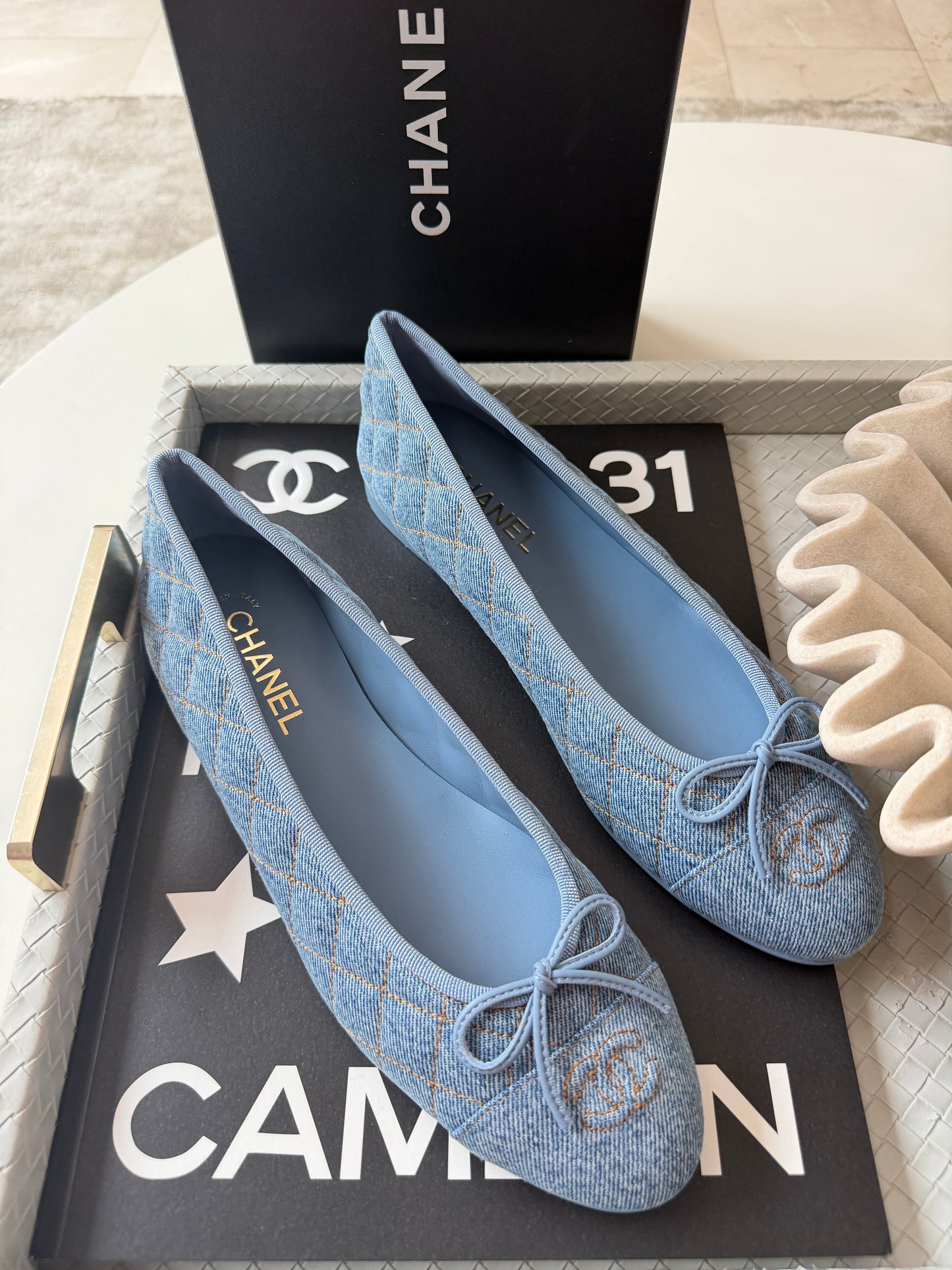 Chanel 26B Blazy Quilted Denim CC Logo Ballet Flats Light Blue Jean Ballerina