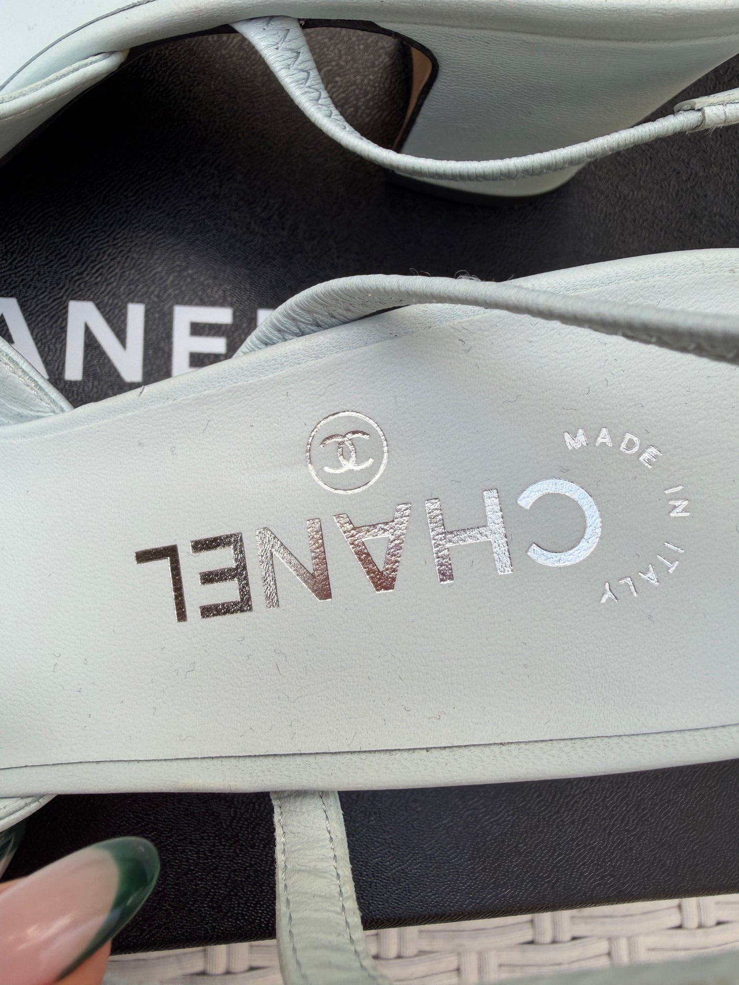 CHANEL CLASSIC LOGO LIGHT BLUE LEATHER SLINGBACK LOW HEEL SLINGBACKS CAP TOE