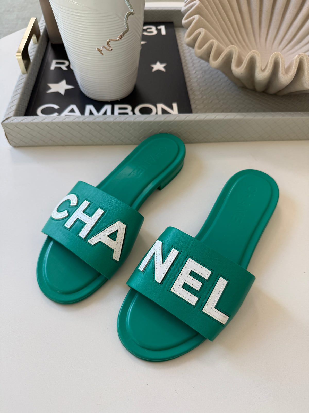 CHANEL CHA NEL LOGO GREEN LEATHER FLAT SHOES SLIDES MULES