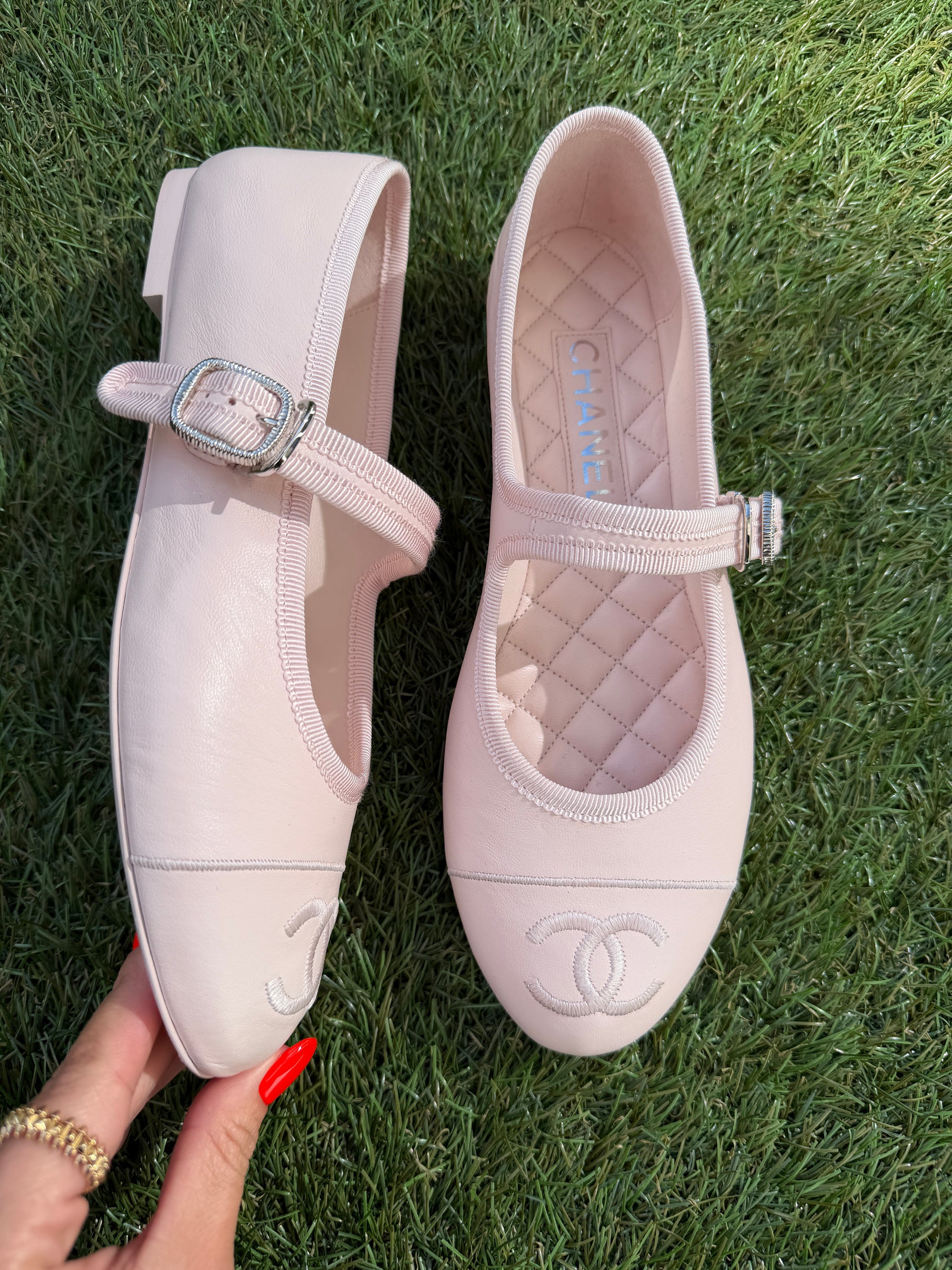 pink flat dress shoes CHANEL Cc Logo Light Pink Leather Cap Toe Maryjane Ballet Flats Shoes Gold Buckle