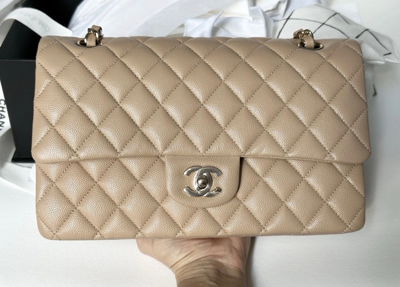 CHANEL DARK BEIGE CAVIAR LEATHER MEDIUM CLASSIC DOUBLE FLAP BAG LIGHT GOLD HARDWARE