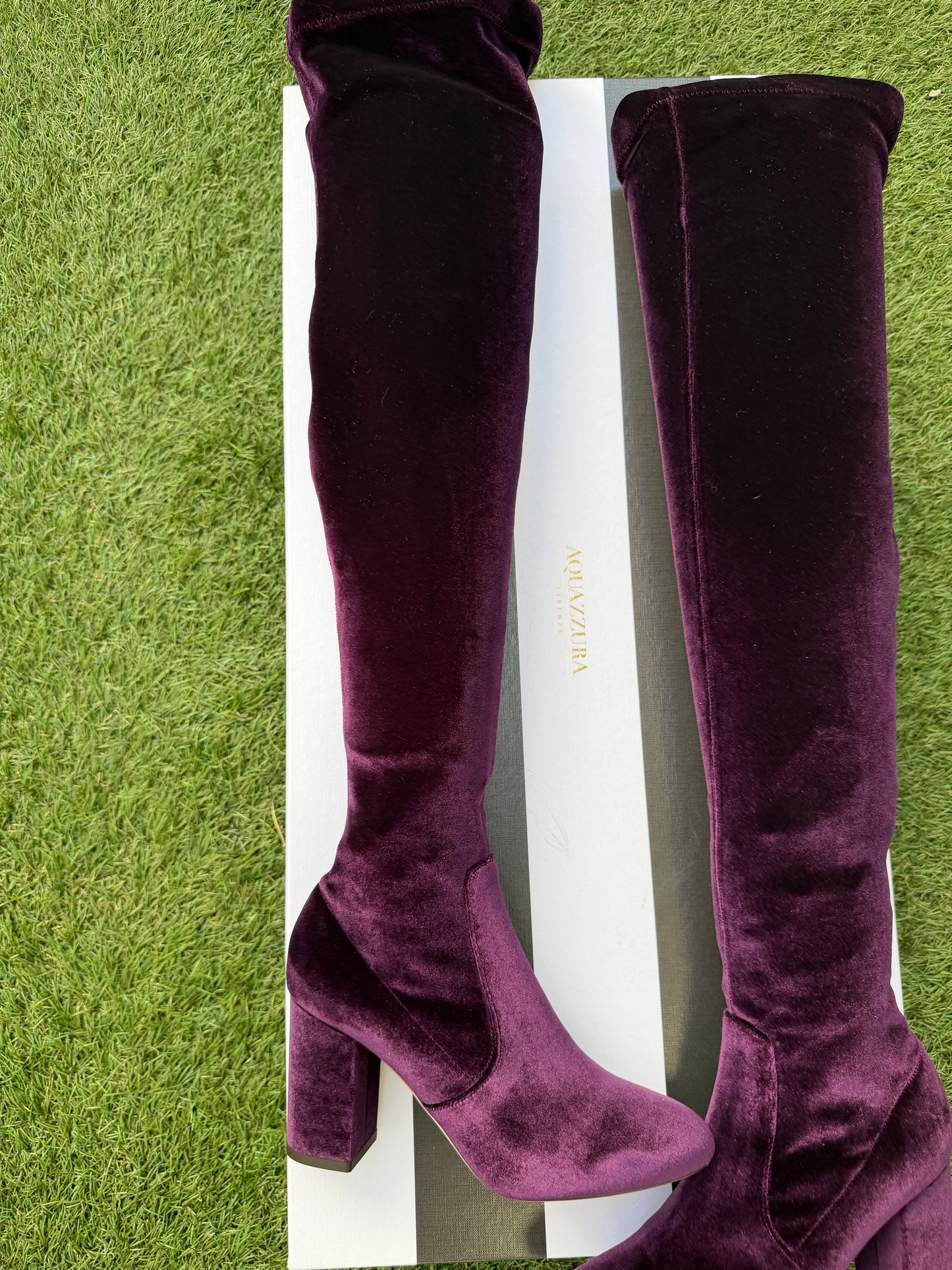 AQUAZZURA VELVET 85 THIGH HIGH  PURPLE SO ME ZIP OVER KNEE BOOT BOOTS