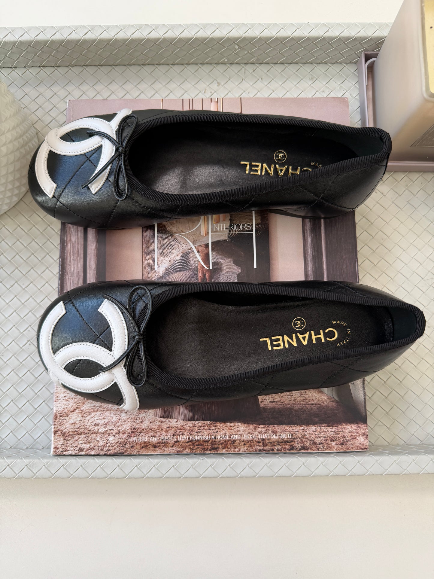 Chanel Cambon 2026 Coco Beach CC Logo Black Leather White Ballet Ballerina Flats