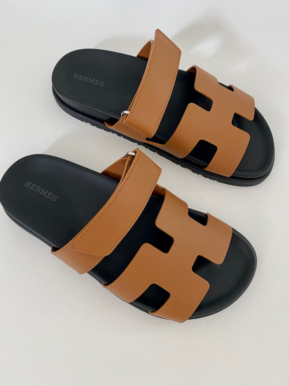 HERMES H CHYPRE BROWN CALFSKIN LEATHER SANDALS SHOES FLAT SLIDES