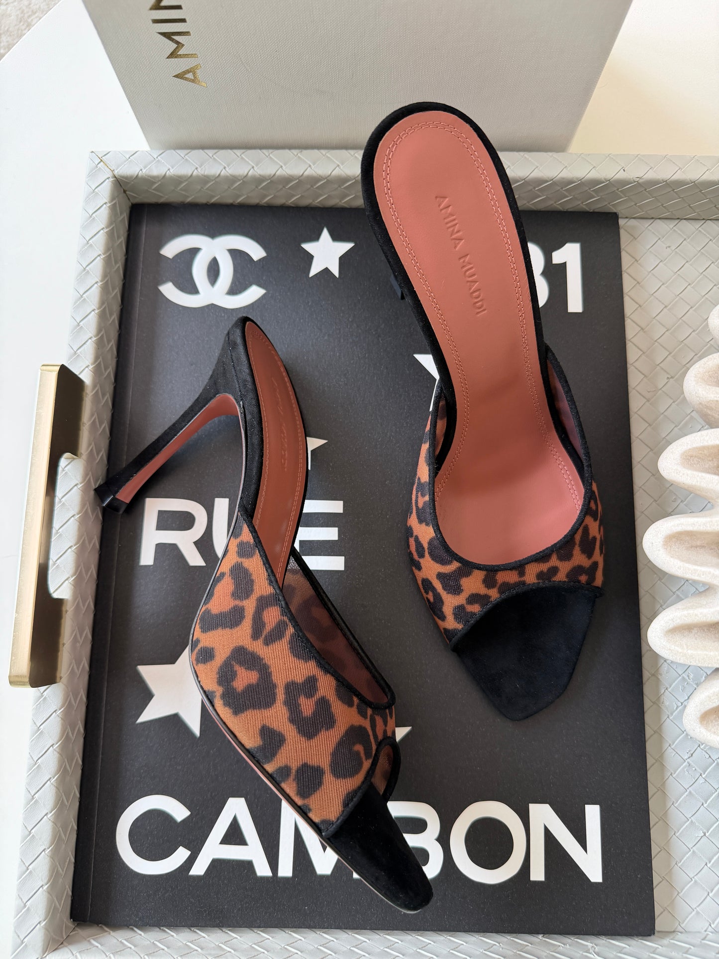 Amina Muaddi 95mm Alexa Black/Brown Leopard Print Mesh Mules Pumps Slides Animal Print Nylon Mule