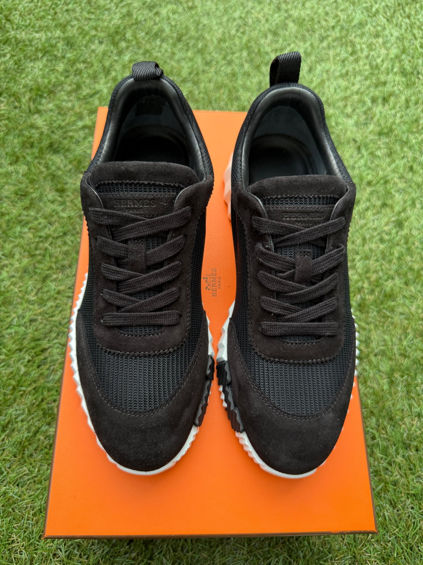 HERMES BOUNCING BLACK MESH/ SUEDE WHITE SOLE TRAINERS FASHION SNEAKERS