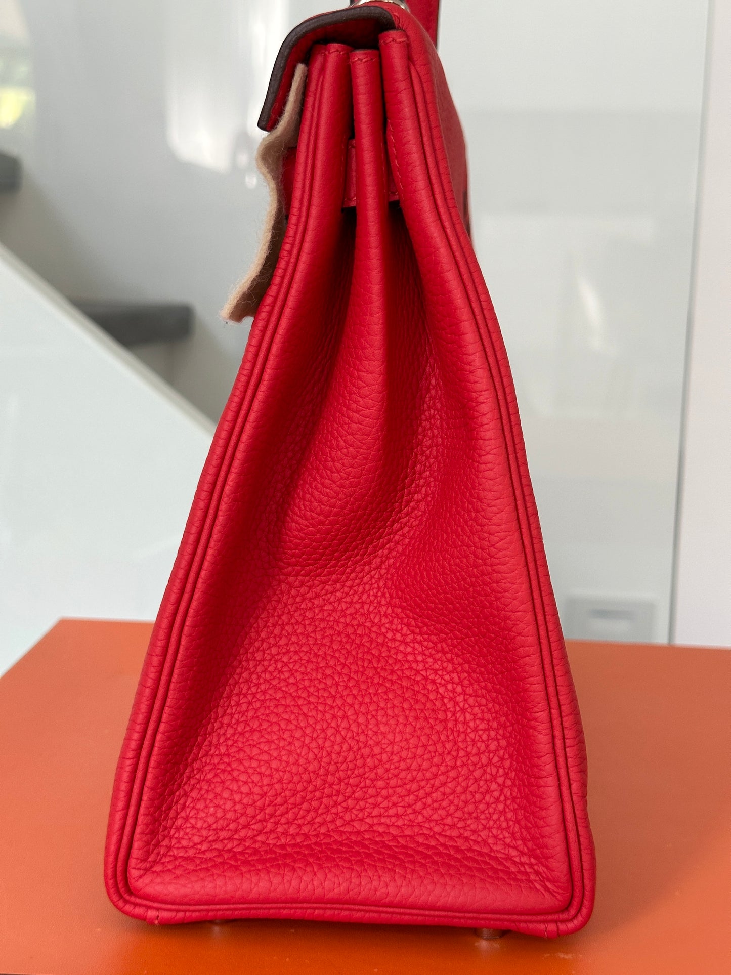 Hermes Kelly 35 Rouge Tomate Red Retourne Togo Leather Palladium Hardware PHW Bag Handbag
