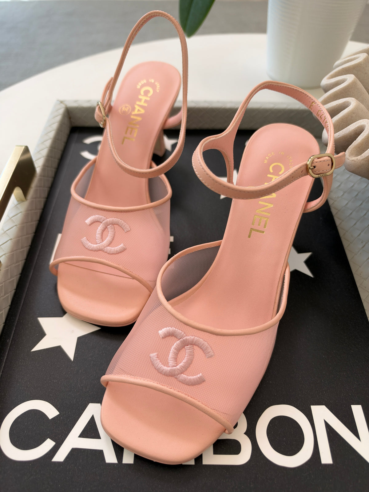 CHANEL 26 BLAZY LIGHT PINK MESH LAMBSKIN OPEN TOE CC LOGO SANDALS HEELS SHOES