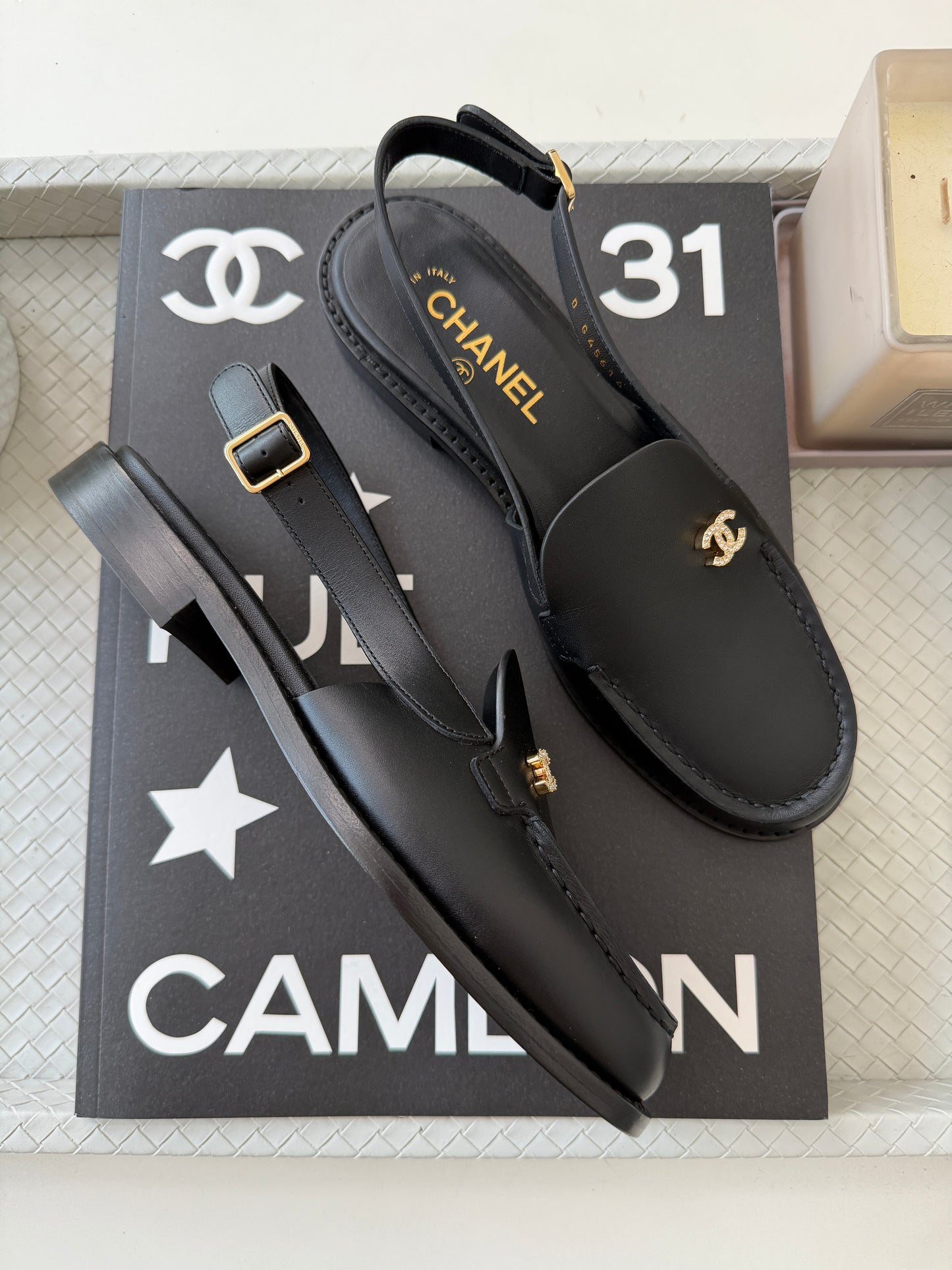 Chanel Metiers D’art 26 Strass CC Logo Black Leather Slingback Loafers Flats