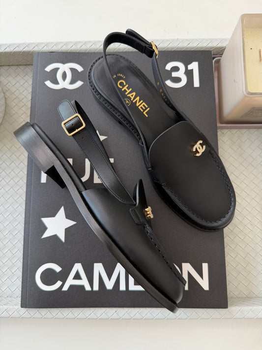 Chanel Metiers D’art 26 Strass CC Logo Black Leather Slingback Loafers Flats