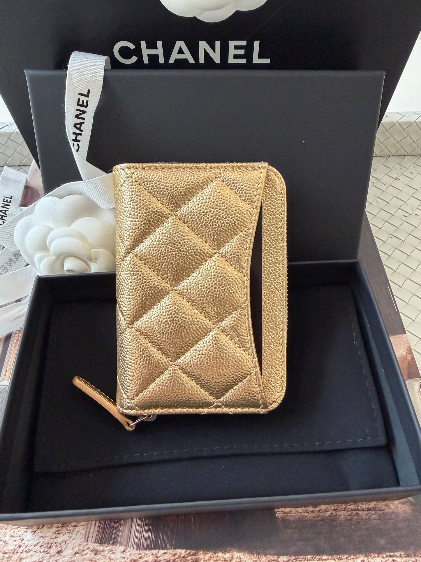 Chanel 26 Classic Zipped Zip Coin Purse Caviar Leather Gold Dore Metallic Wallet