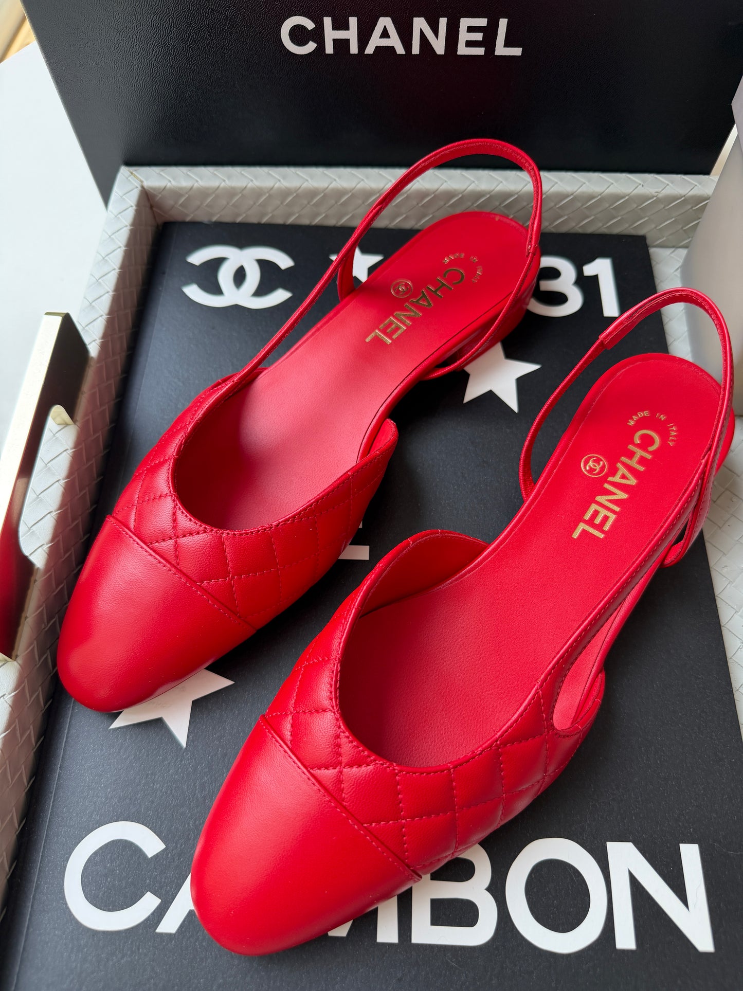 Chanel 26B Red Agneau Rouge Quilted Lambskin Leather Slingback Sling CC Flats