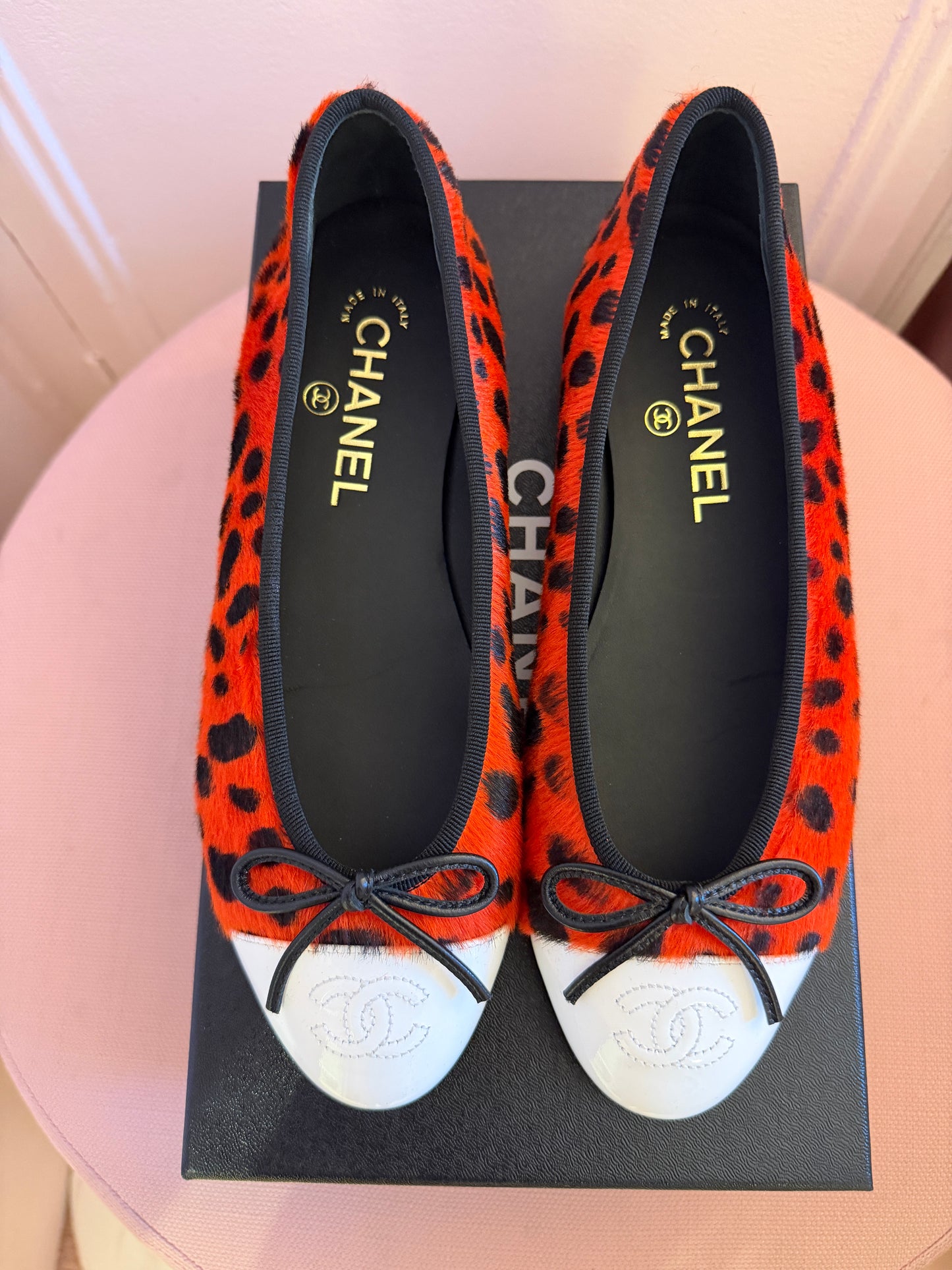 Chanel MÉTIERS D’ART 26 Red Orange Black White Pony Hair Animal Print Ballet Flats