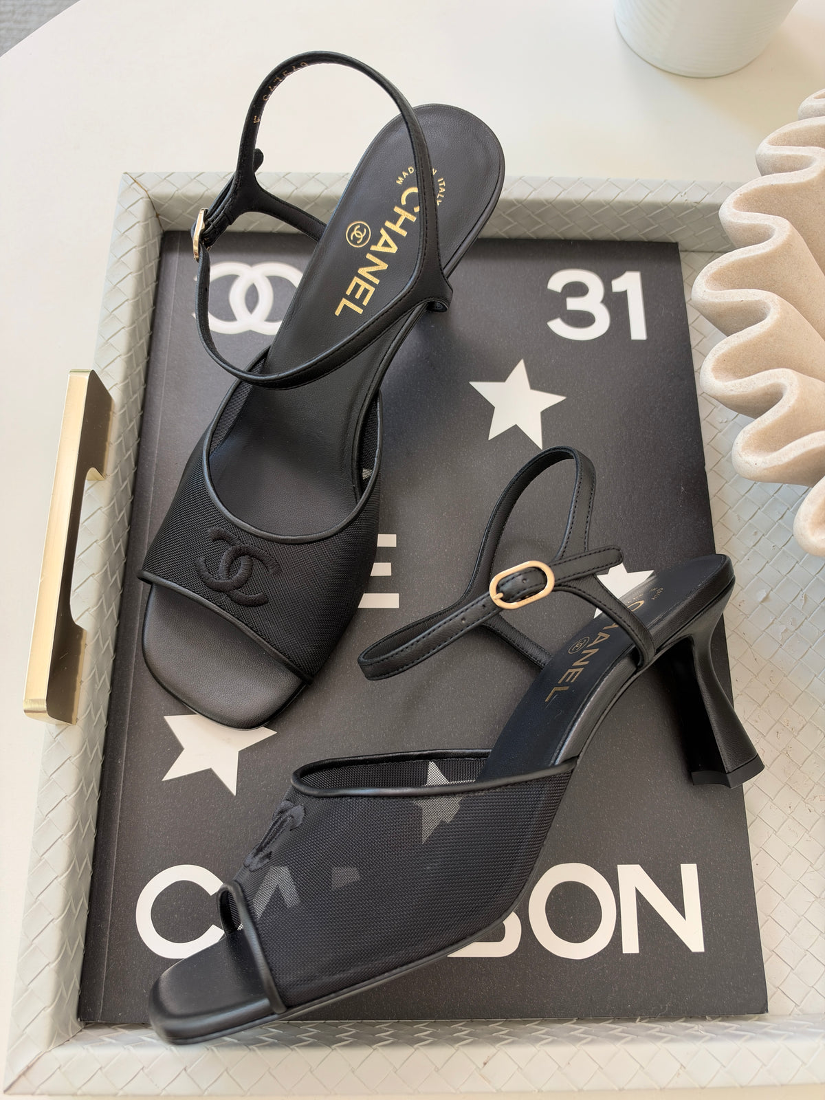 CHANEL 26 BLAZY BLACK MESH LAMBSKIN OPEN TOE CC LOGO SANDALS HEELS SHOES