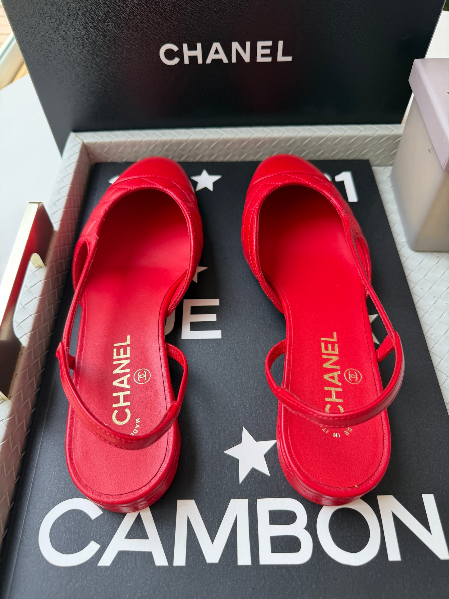 Chanel 26B Red Agneau Rouge Quilted Lambskin Leather Slingback Sling CC Flats