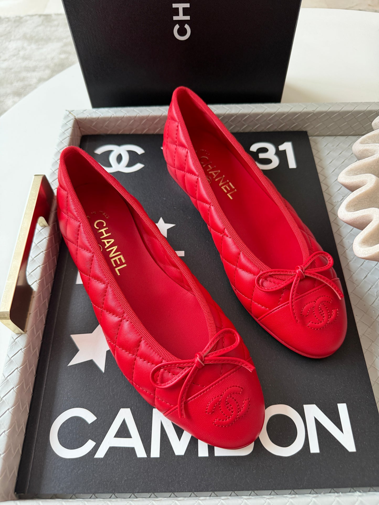 Chanel 26B Blazy Lambskin Leather Quilted Red Agneau Rouge CC Logo Ballet Ballerina Flats