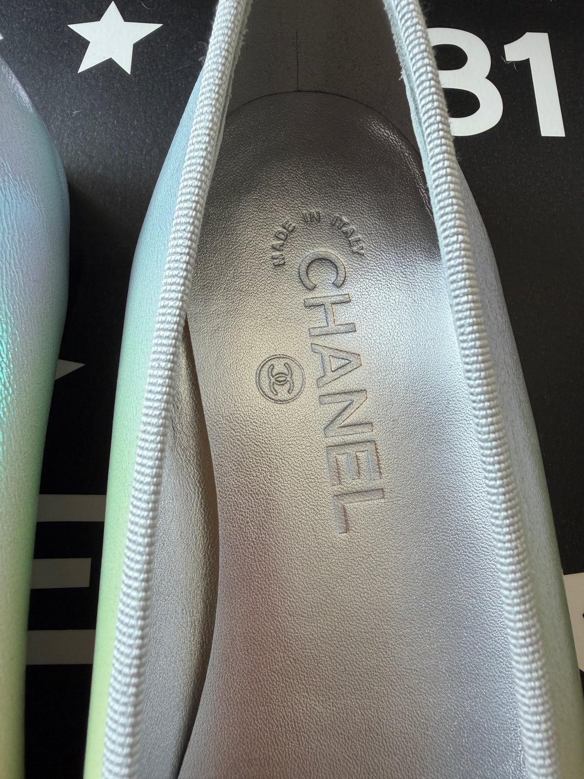 Chanel 26K Pearl White Silver Iridescent Black Cap Toe Ballet Ballerina Flats
