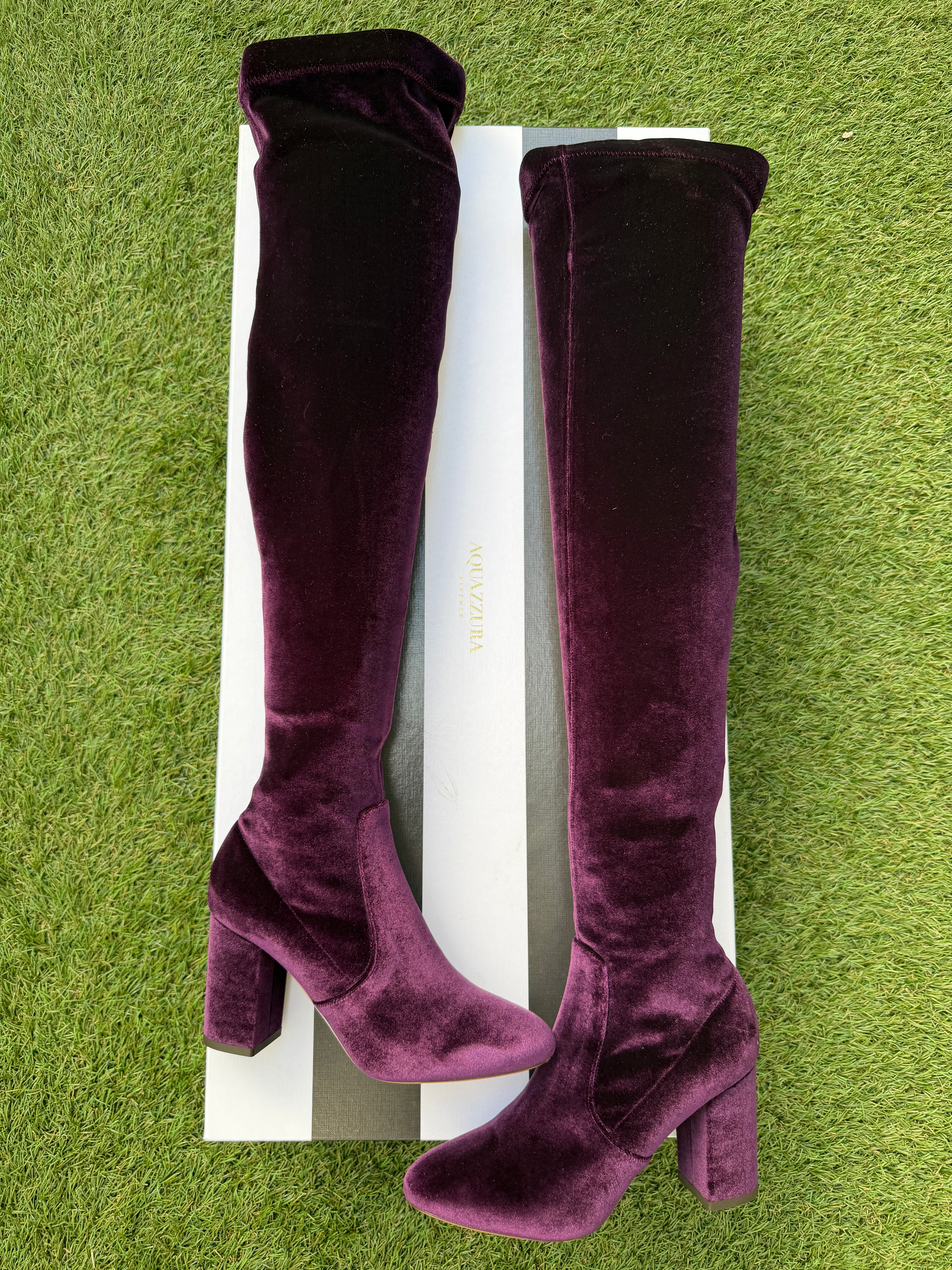 AQUAZZURA VELVET 85 THIGH HIGH PURPLE SO ME ZIP OVER KNEE BOOT