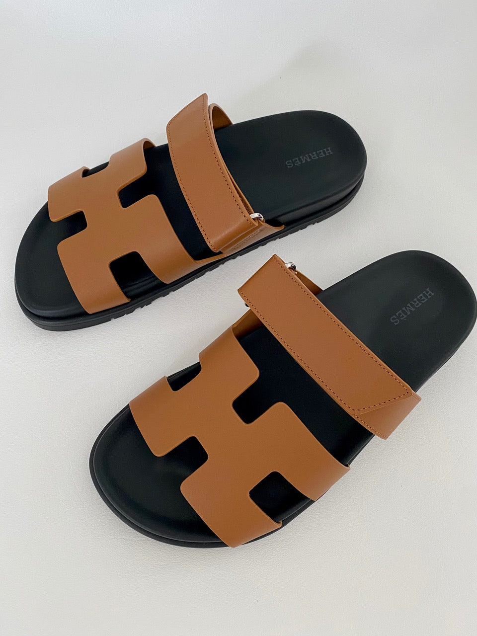 HERMES H CHYPRE BROWN CALFSKIN LEATHER SANDALS SHOES FLAT SLIDES