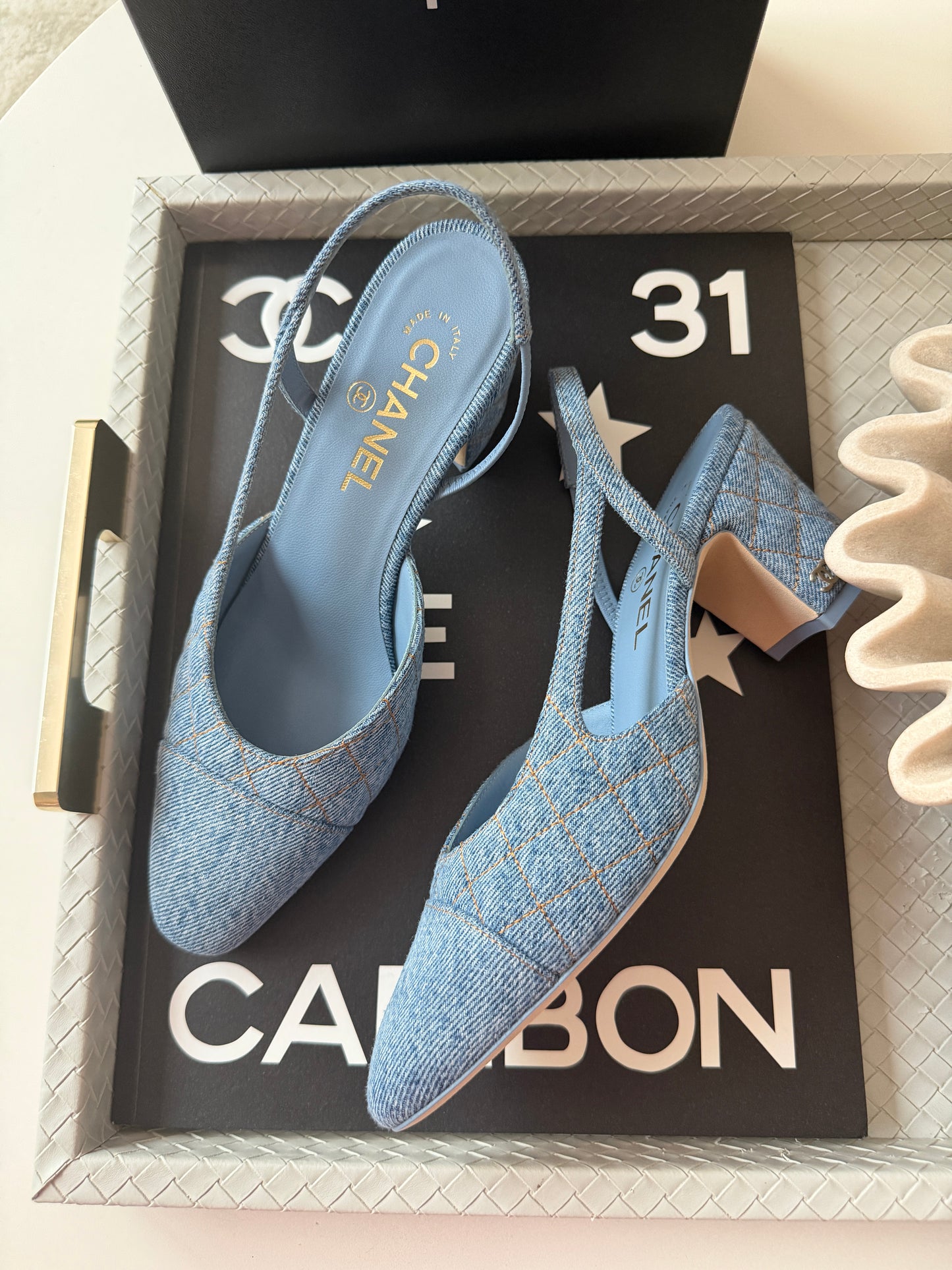 Chanel 26B CC Logo Light Blue Quilted Denim Jean Slingback Pumps Chunky Heel