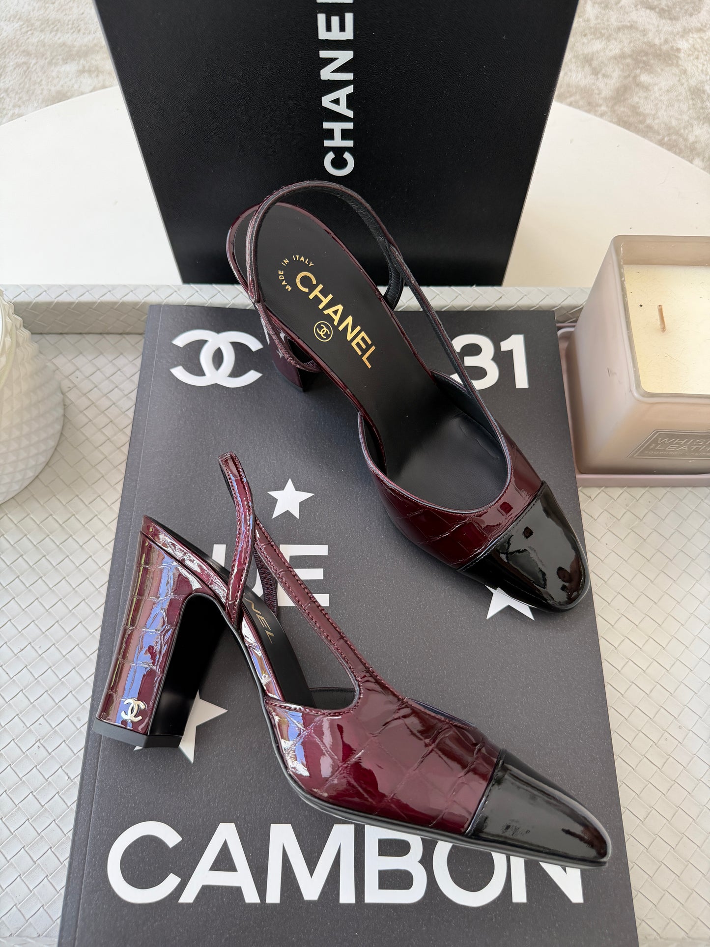 Chanel 26A Coco Sling Burgundy Bordeaux Fonce Croc Embossed Patent Leather Slingback Metiers Dart Pumps Heels