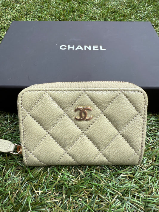 Chanel 25 Classic Zipped Zip Coin Purse Caviar Leather Khaki Green Wallet