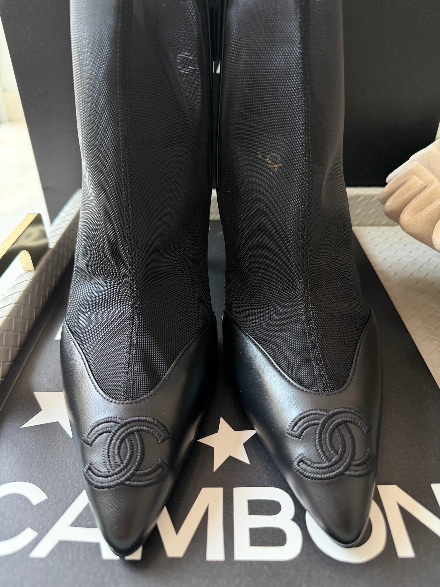 Chanel 26B Black Mesh Lambskin Leather CC Logo Cap Toe Booties Ankle Boots
