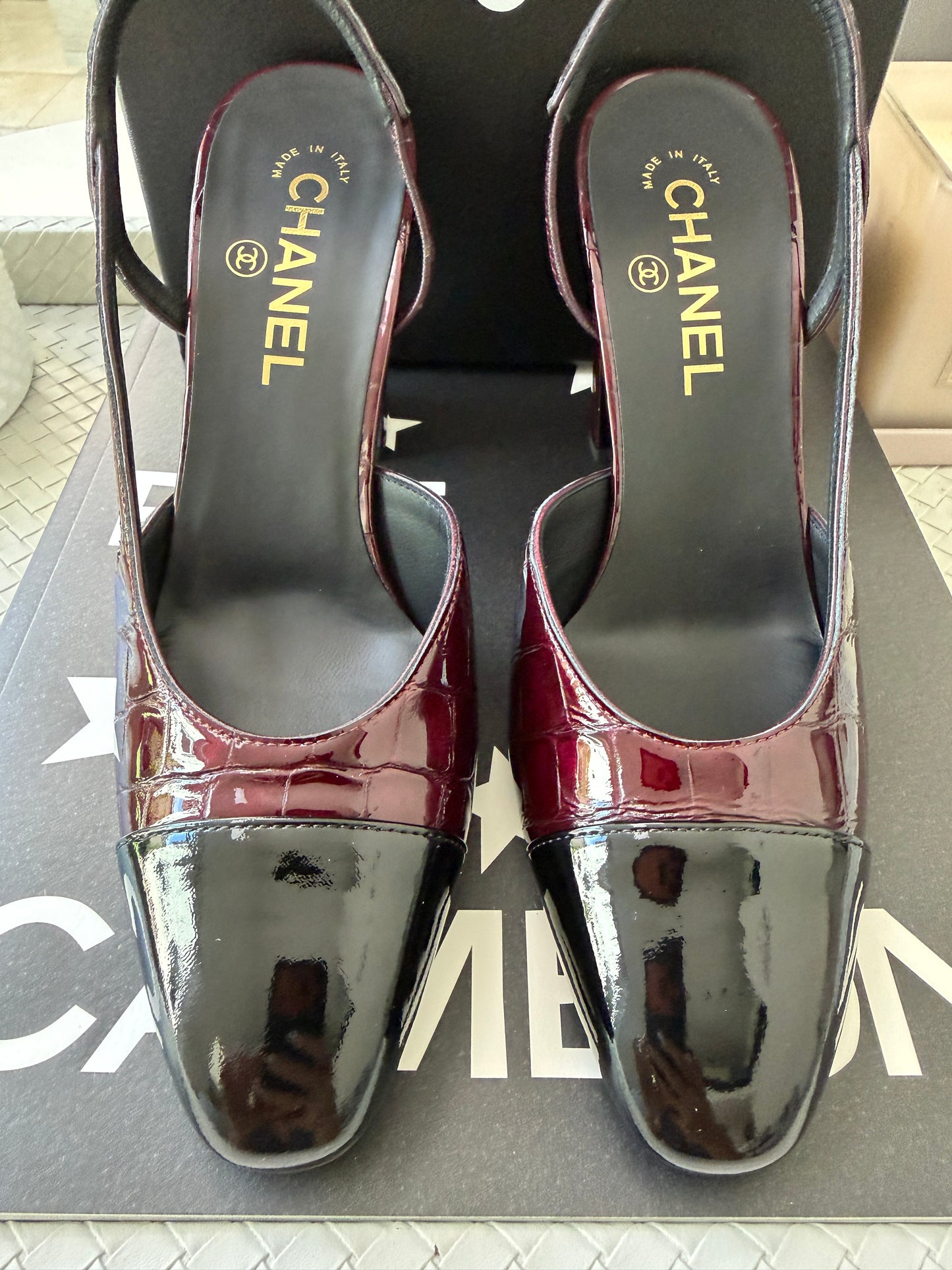 Chanel 26A Coco Sling Burgundy Bordeaux Fonce Croc Embossed Patent Leather Slingback Metiers Dart Pumps Heels