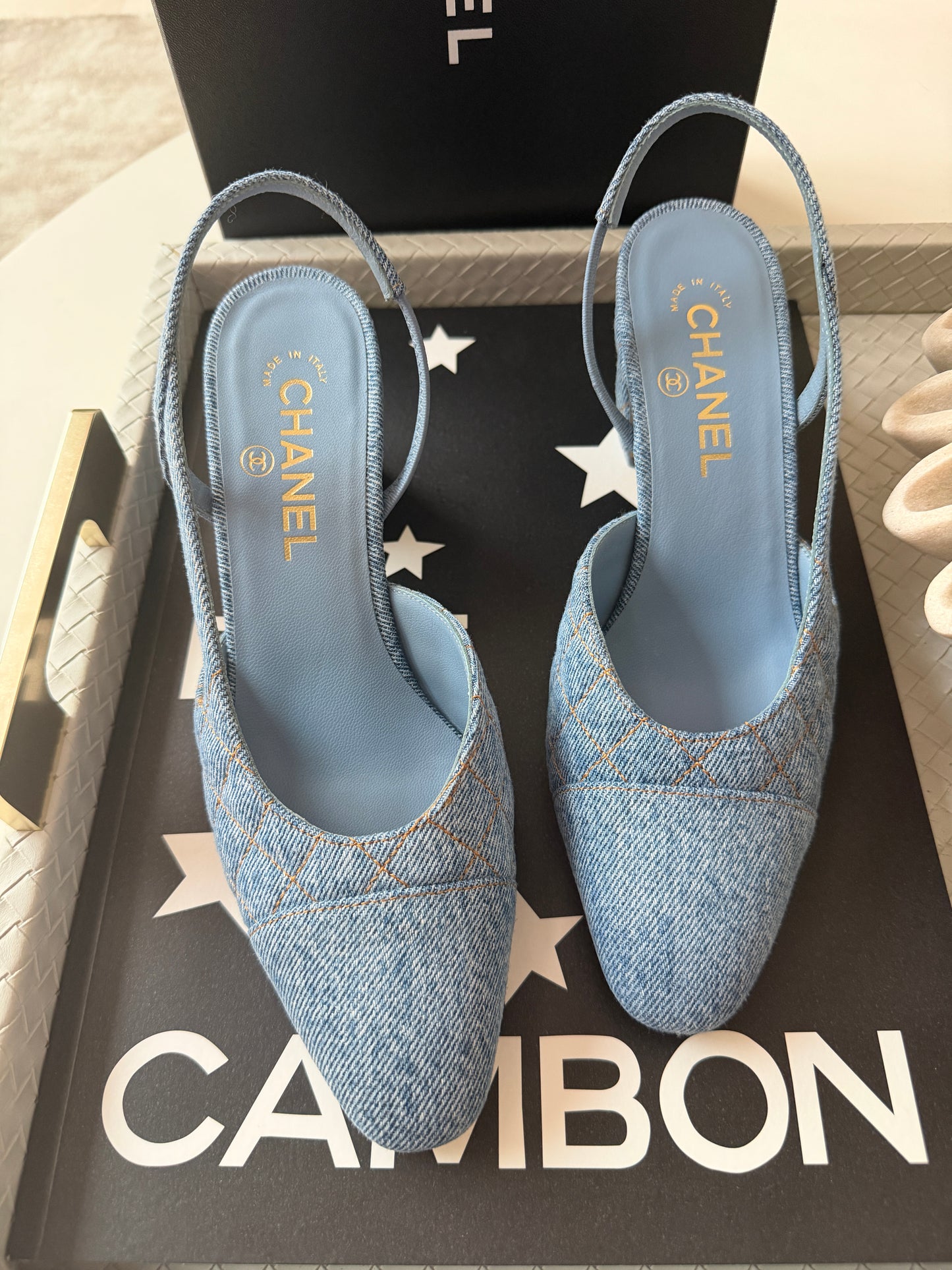 Chanel 26B CC Logo Light Blue Quilted Denim Jean Slingback Pumps Chunky Heel