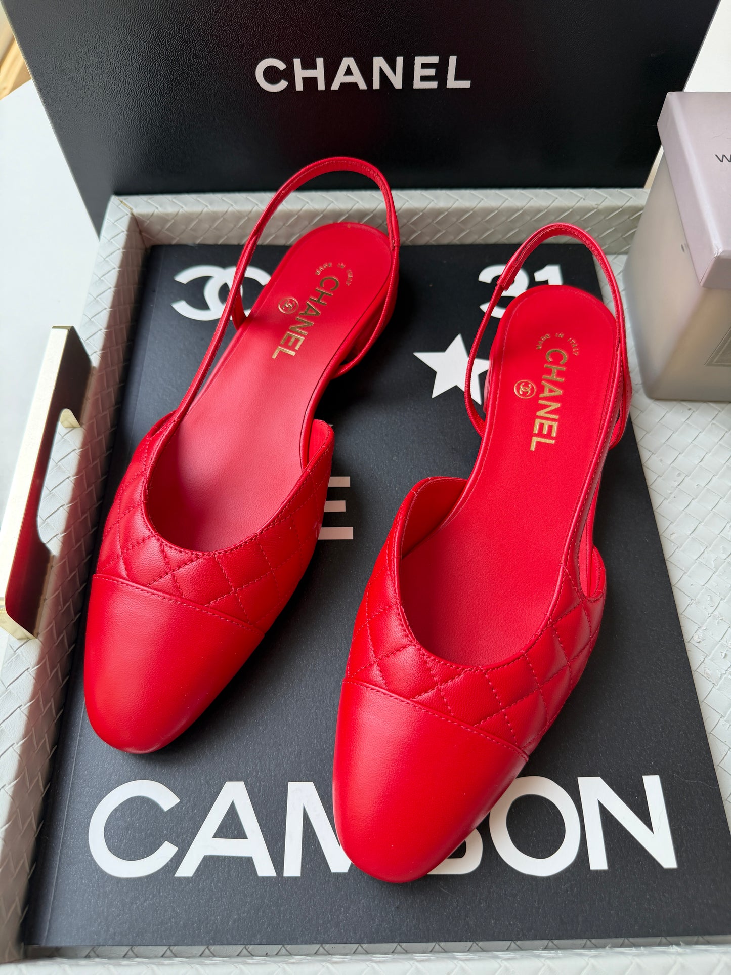Chanel 26B Red Agneau Rouge Quilted Lambskin Leather Slingback Sling CC Flats