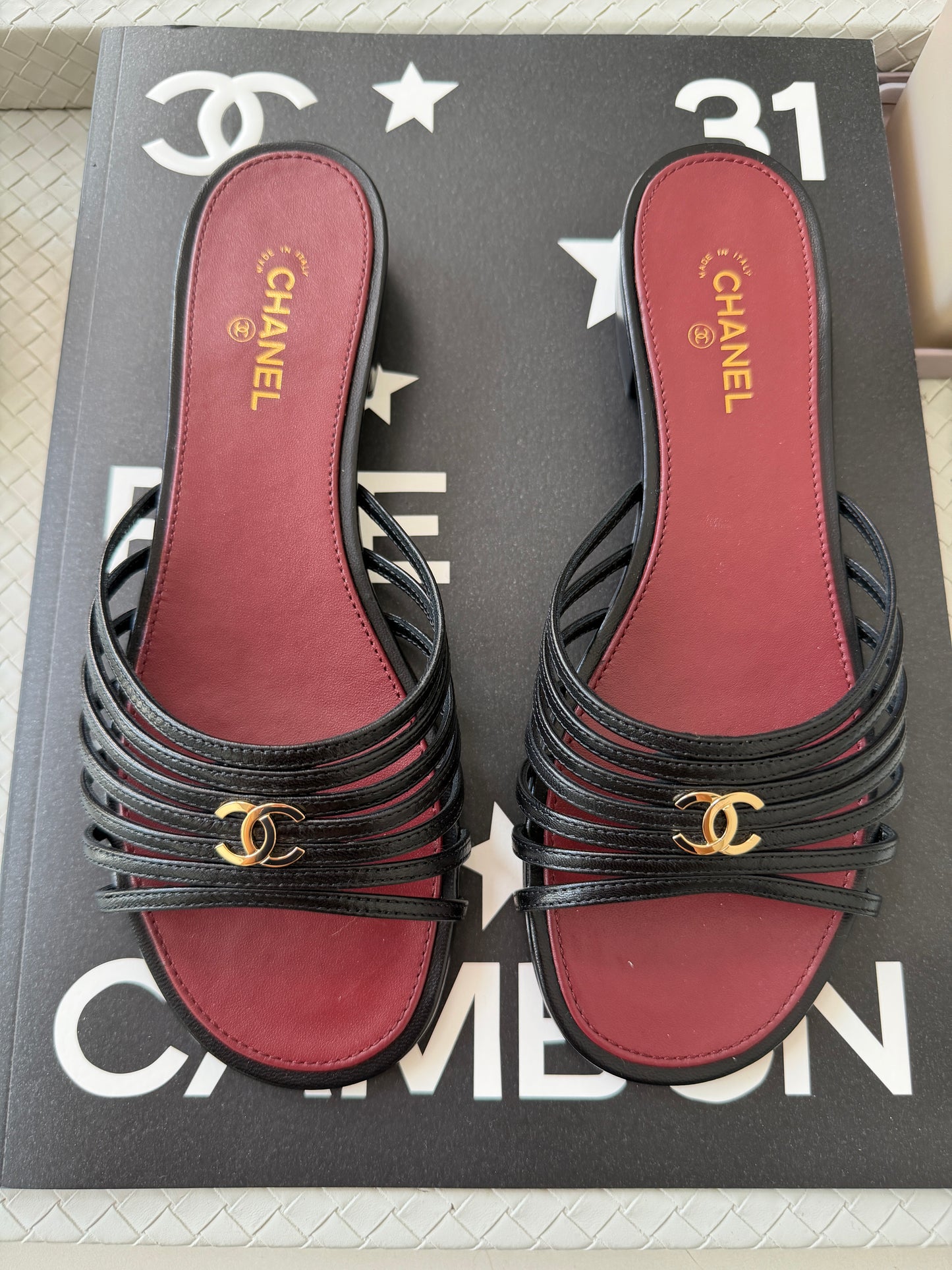 Chanel 2026 Métiers d'Art Blazy Black Leather Strappy Gold CC Logo Flat Sandals Slides