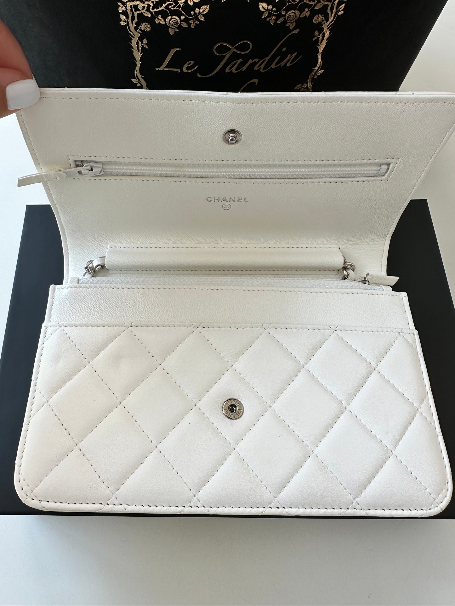 Chanel White Lambskin Leather WOC Small Chain Wallet Silver HW Cross Body Bag