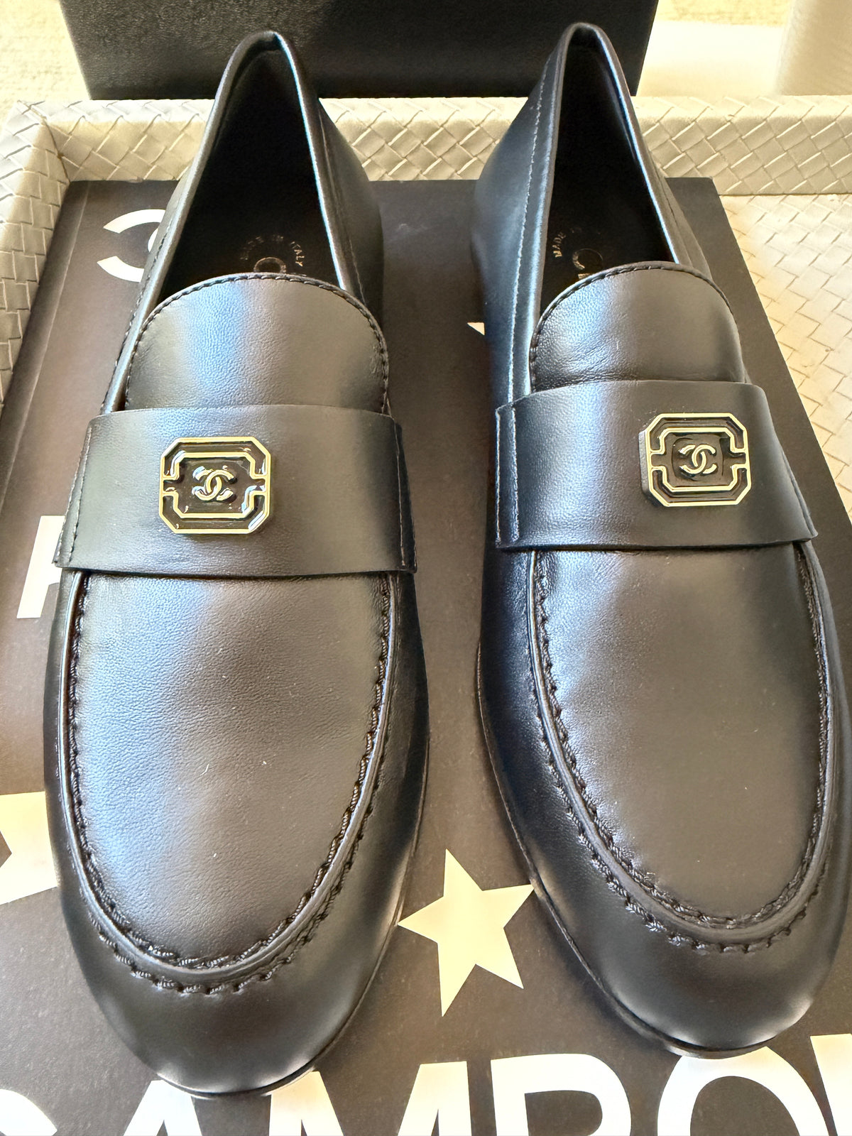 Chanel 2024 Classic Lambskin Leather Black Enamel CC Logo Moccasins Loafers Flats Shoes