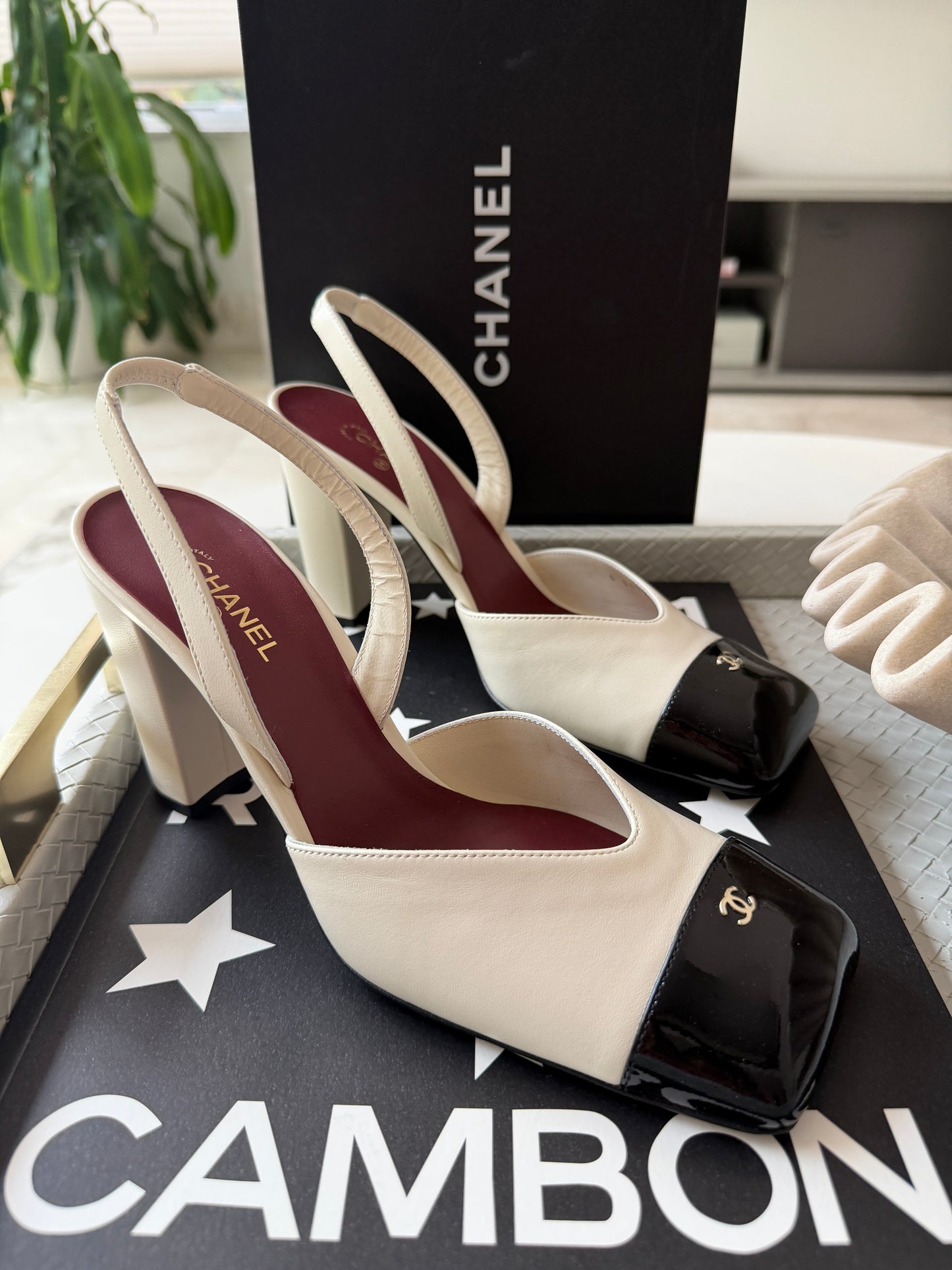 Chanel 26S Blazy Ivory Ecru Black Square Cap Toe Sling CC Slingback Chunky Heel Pumps