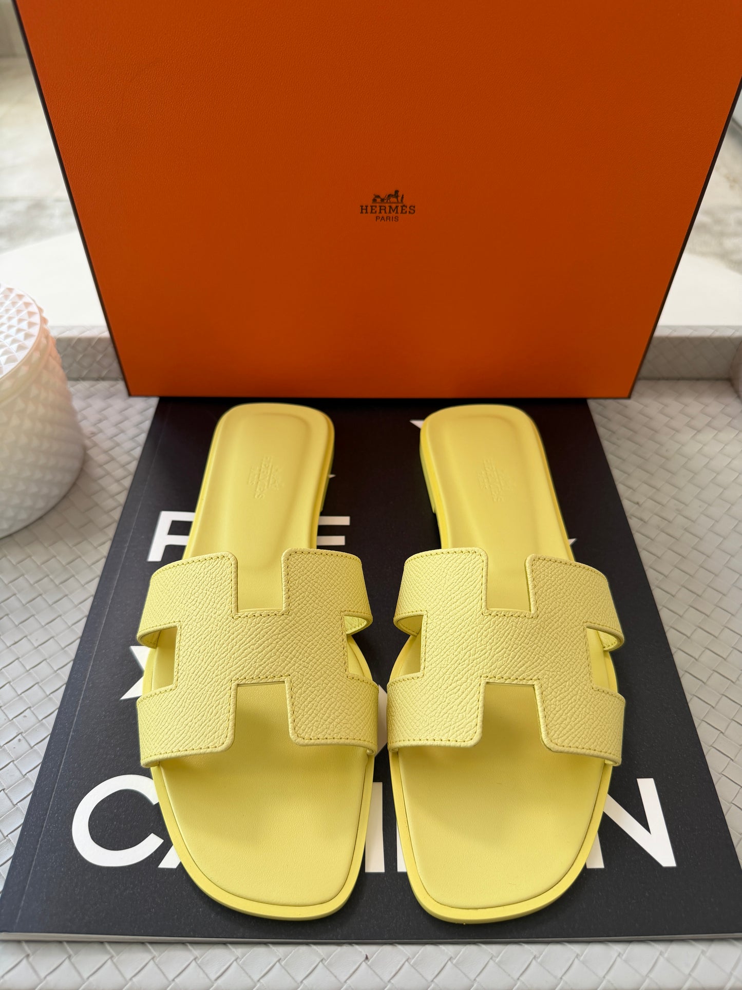 HERMES Oran Bright Yellow Jaune D'orge Epsom Leather Logo Sandals Flats Mules