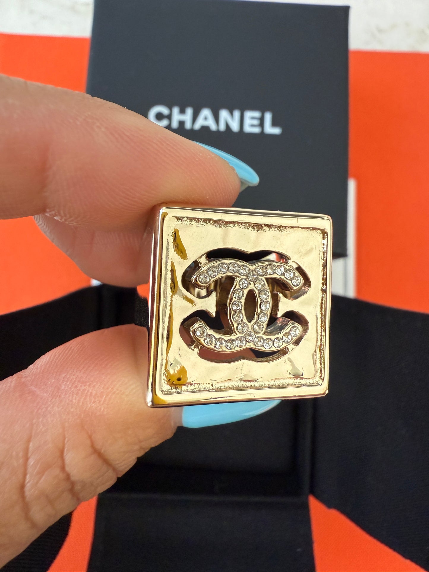 Chanel 22S CC Logo Crystals Strass Crystal Metal Gold Tone Square Ring