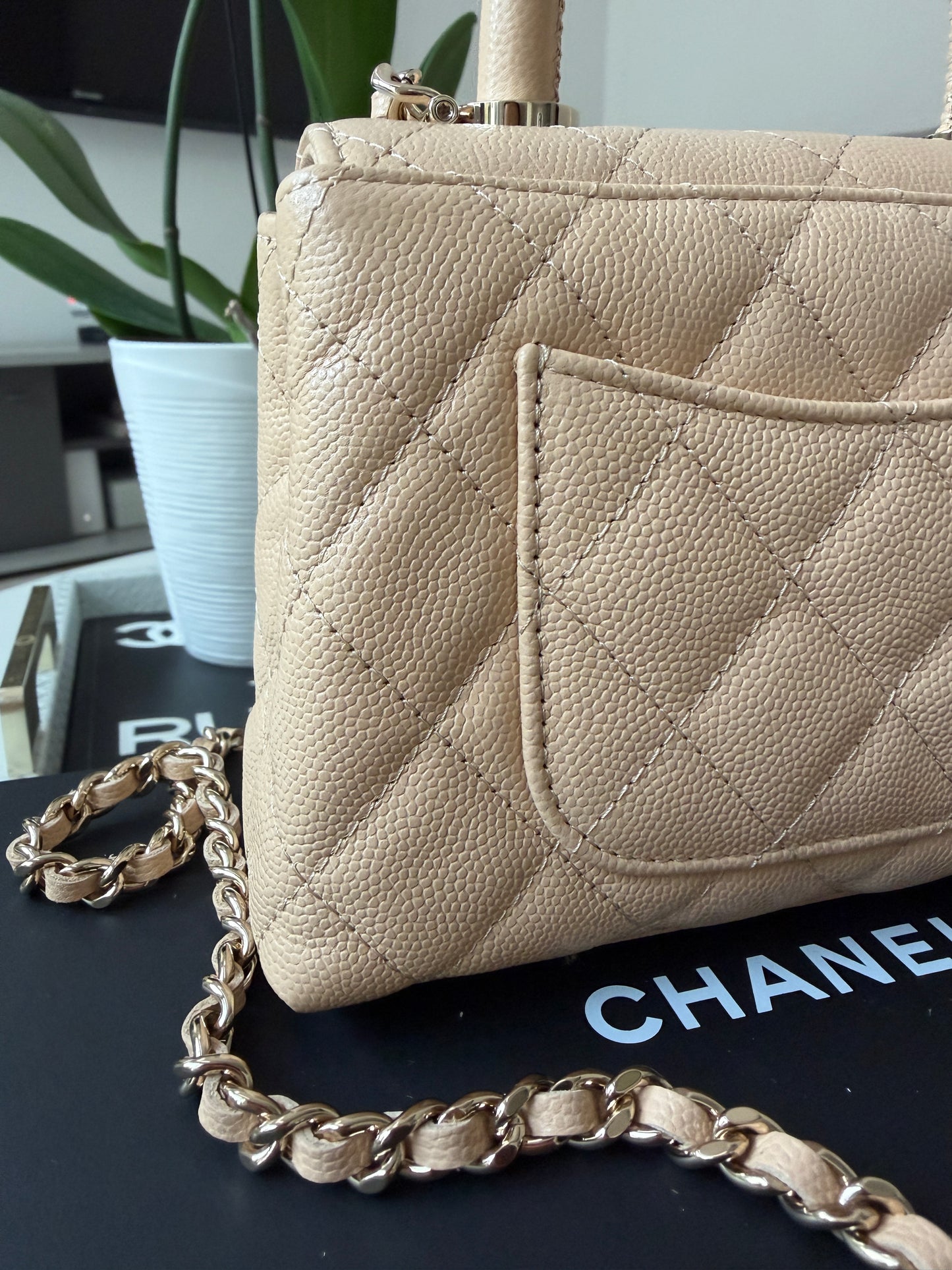 Chanel 24K AP4244 Micro Coco Handle Extra Mini Classic Flap Bag Beige Caviar Clutch with Chain Gold HW