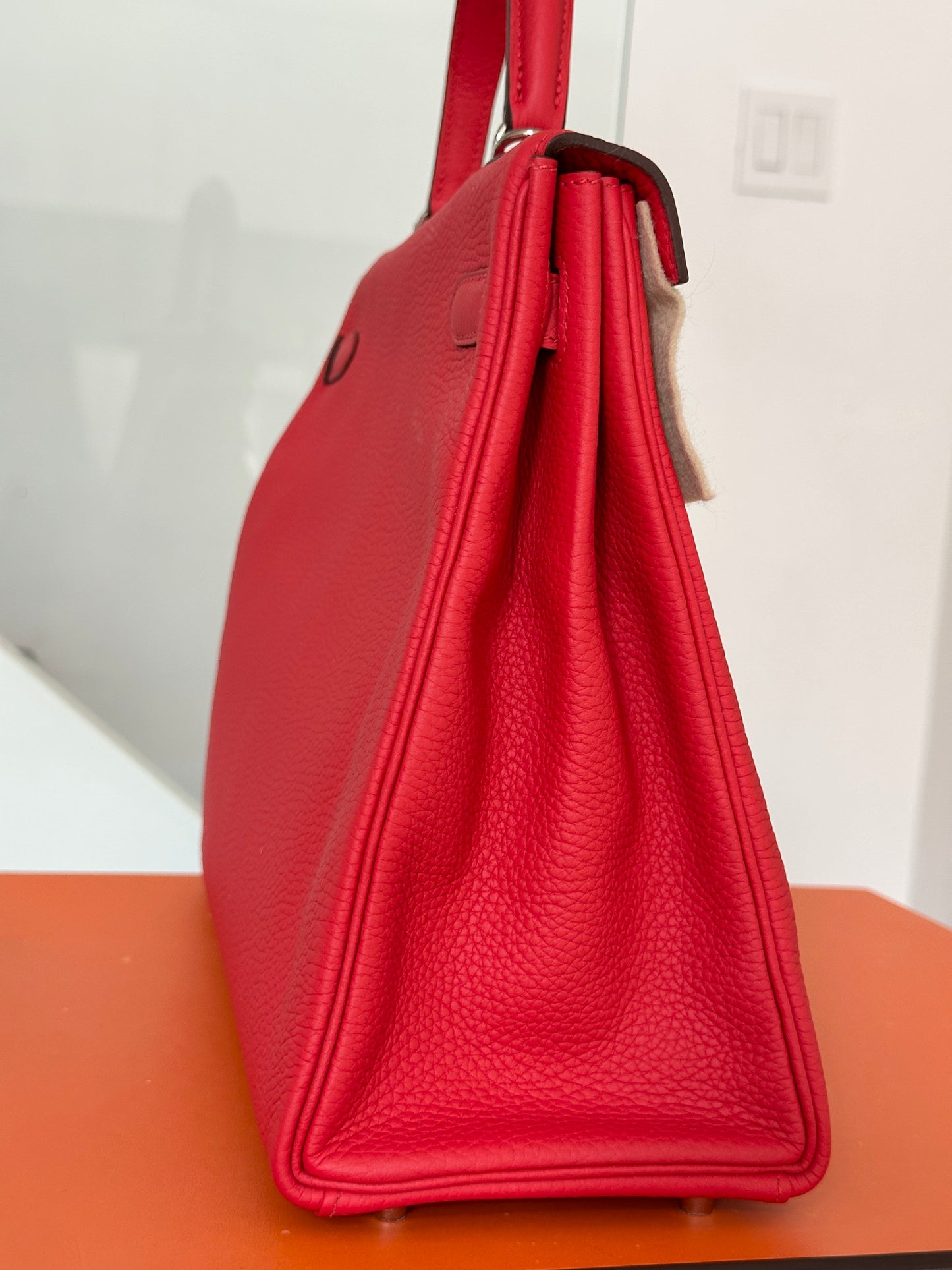 Hermes Kelly 35 Rouge Tomate Red Retourne Togo Leather Palladium Hardware PHW Bag Handbag