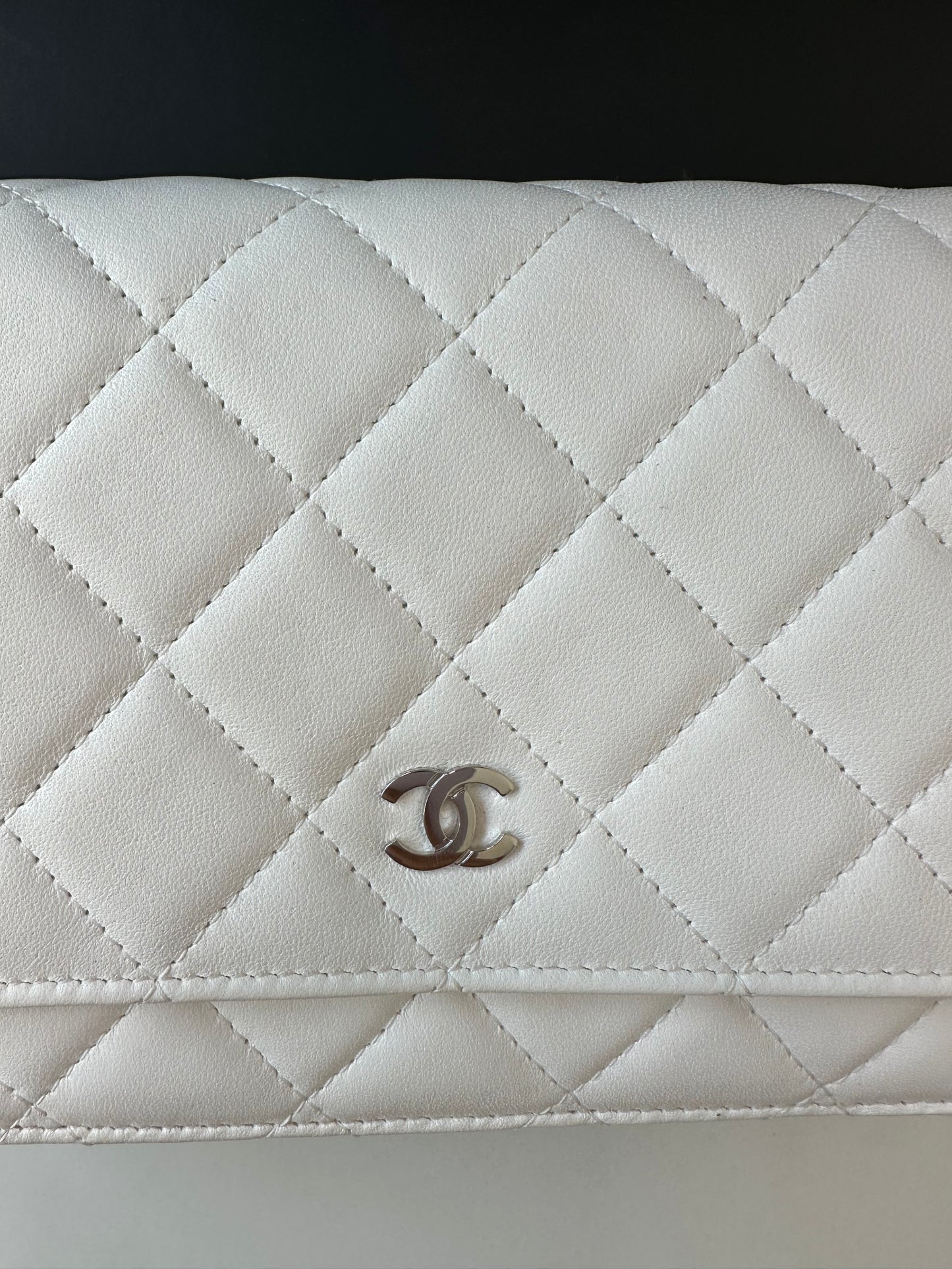 Chanel White Lambskin Leather WOC Small Chain Wallet Silver HW Cross Body Bag