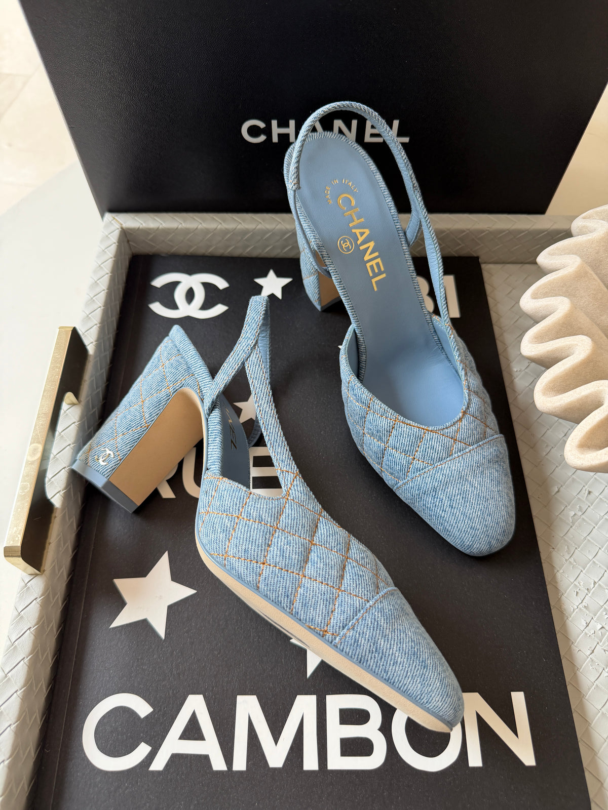 Chanel 26B CC Logo Light Blue Quilted Denim Jean Slingback Pumps Chunky 90mm Heel