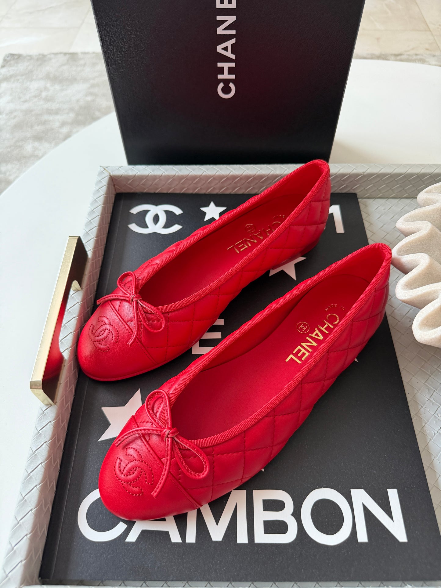 Chanel 26B Blazy Lambskin Leather Quilted Red Agneau Rouge CC Logo Ballet Ballerina Flats