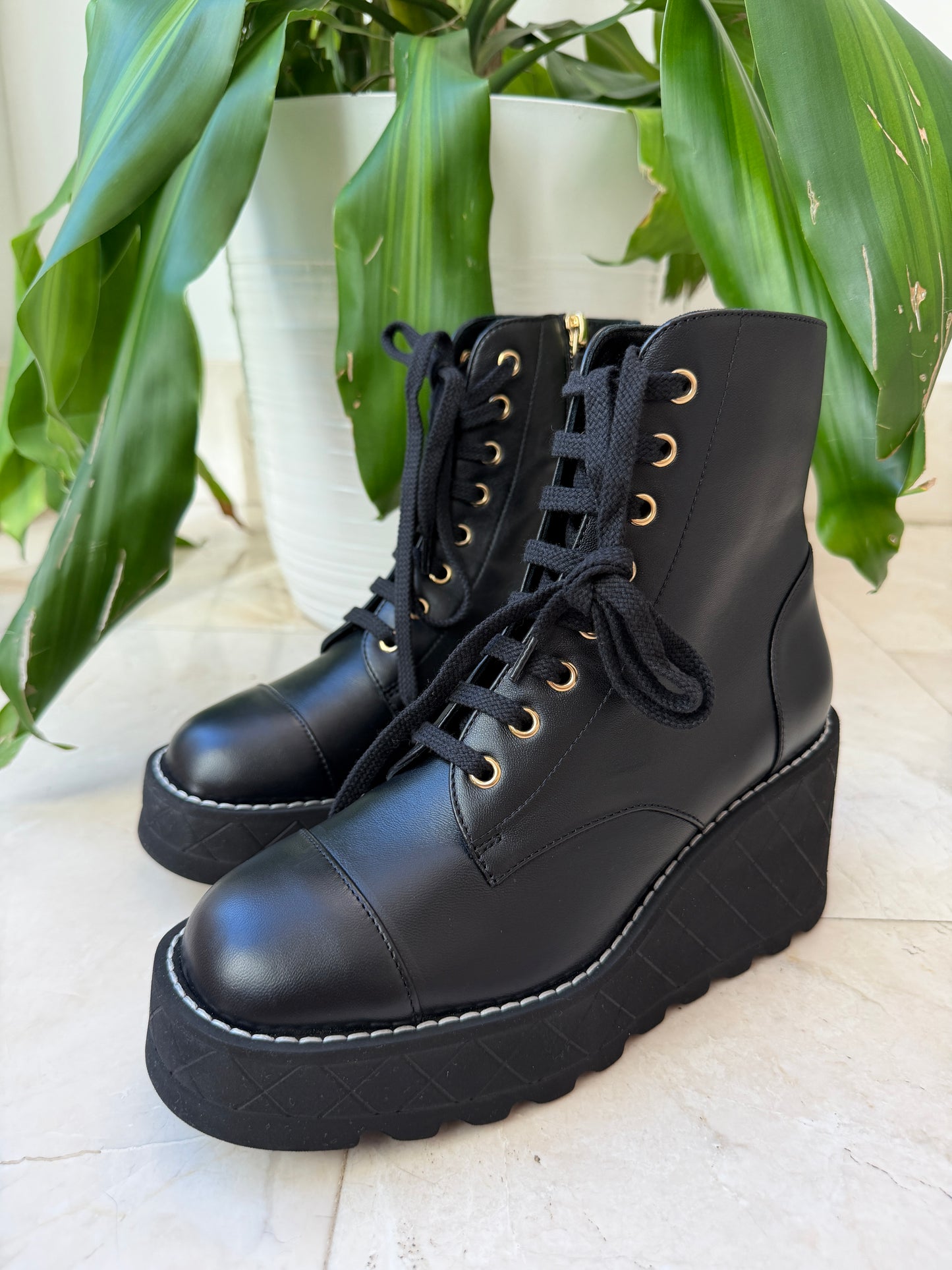 Chanel 2024 Platform Interlocking CC Logo Combat Wedge Lambskin Lace Up Ankle Boots