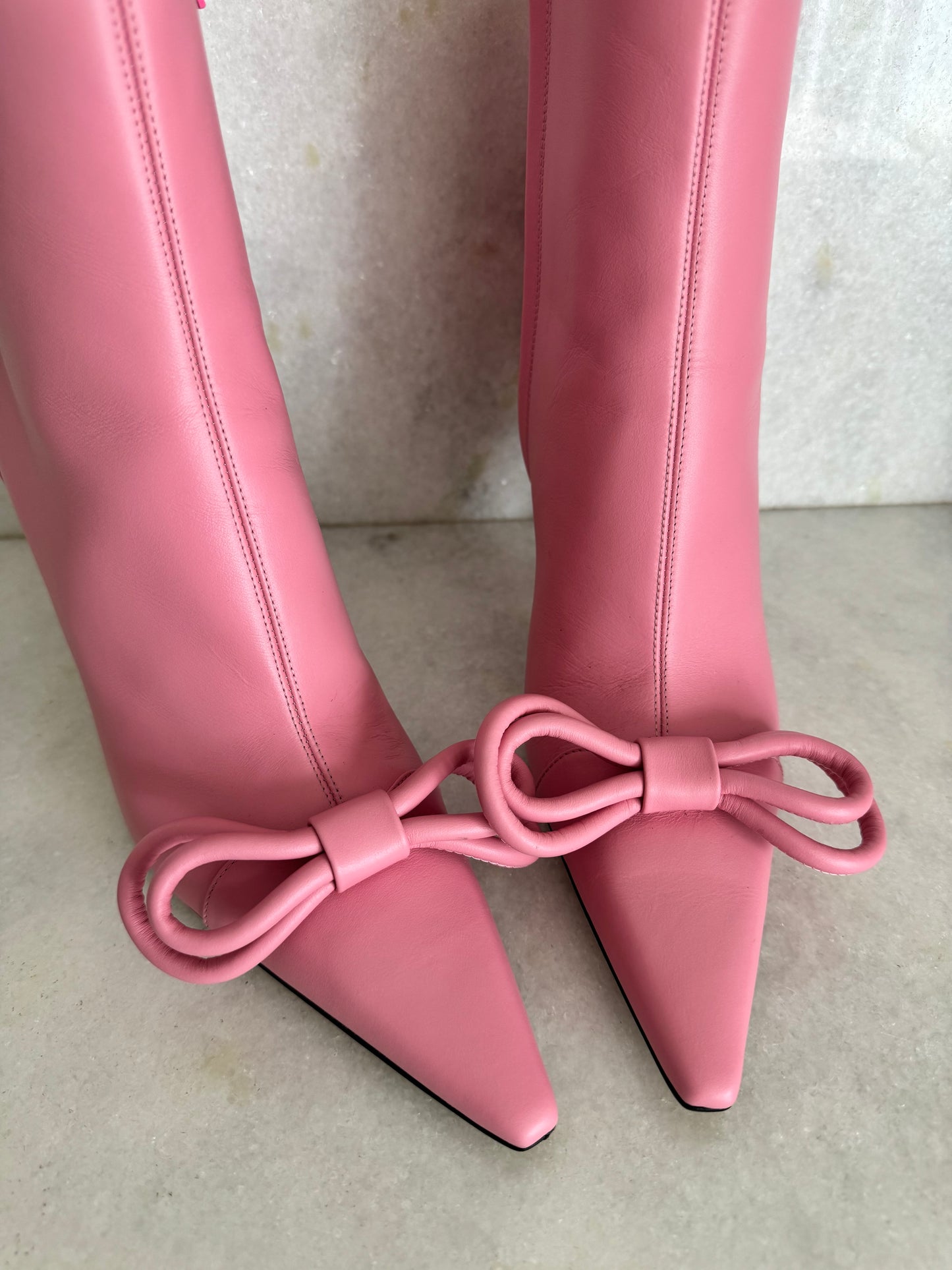 Mach & Mach Double Bow Pink Leather Pointed Toe Boots Booties