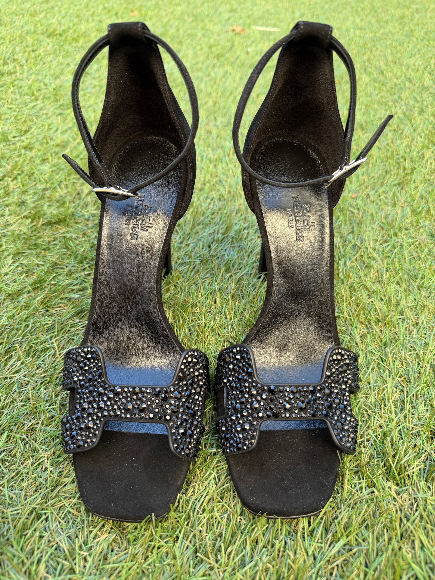 Hermes Joy 105 Noir Black Suede Crystal Strass Ankle Strap Sandal Heels