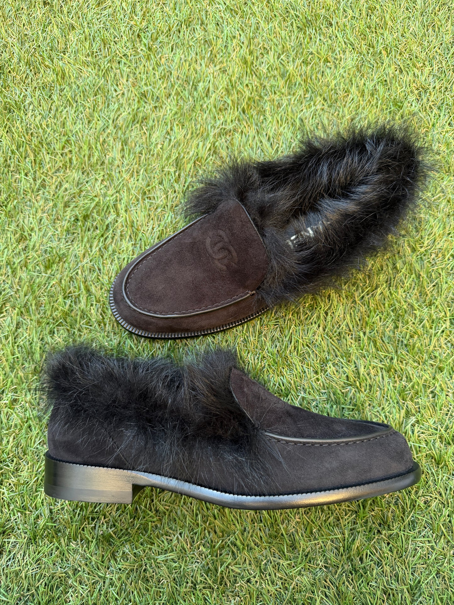 CHANEL COCO NEIGE 25/26 BLACK SUEDE LEATHER FUR SHEARLING LOAFERS MOCCASSINS