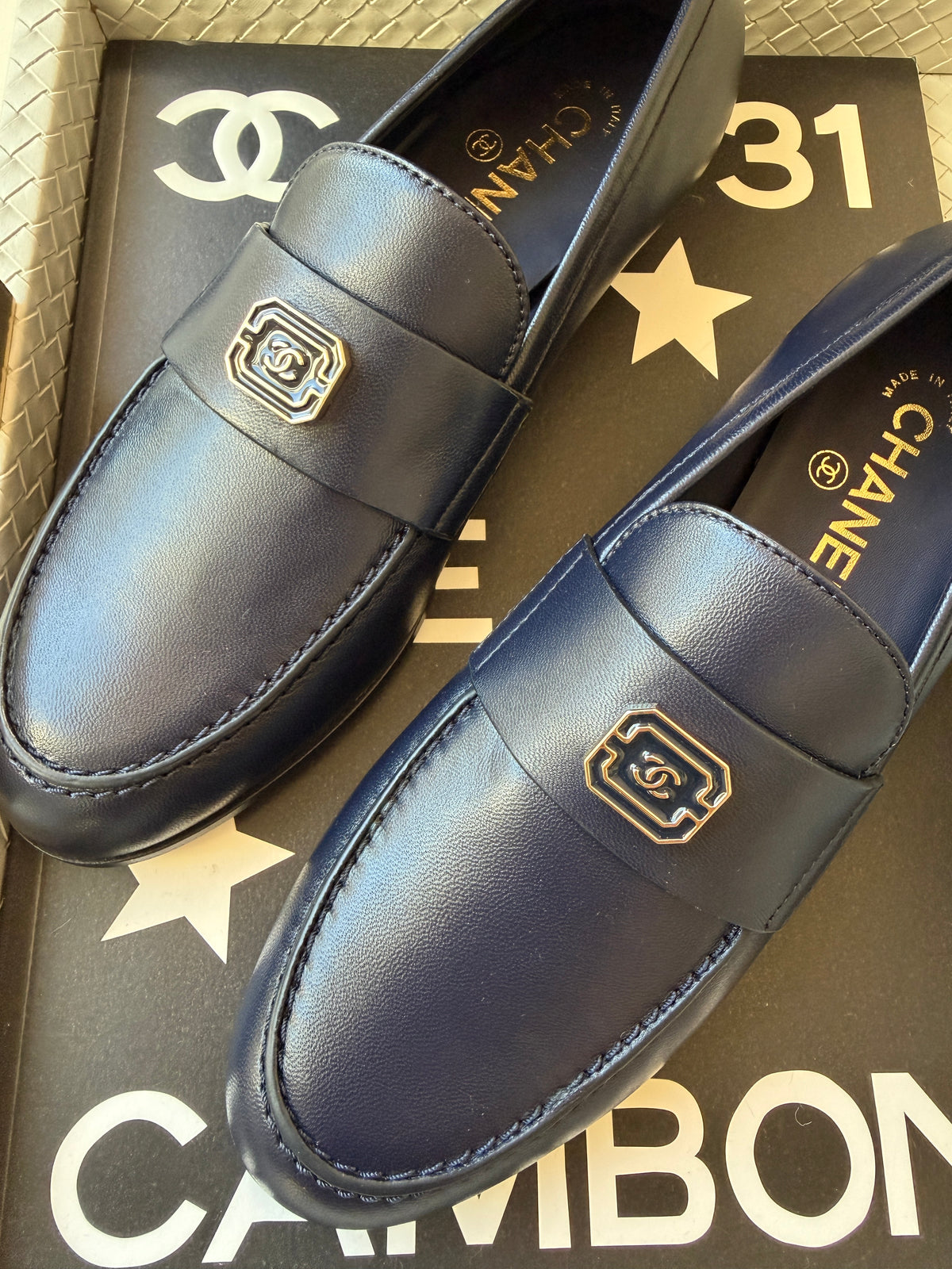 Chanel 2024 Classic Lambskin Leather Navy Blue Enamel CC Logo Moccasins Loafers Flats Shoes