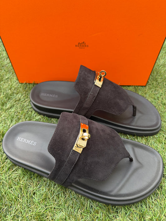 HERMES EMPIRE BLACK NOIR  SUEDE LEATHER FLIP FLOPS SHOES FLAT THONG SANDALS MULE